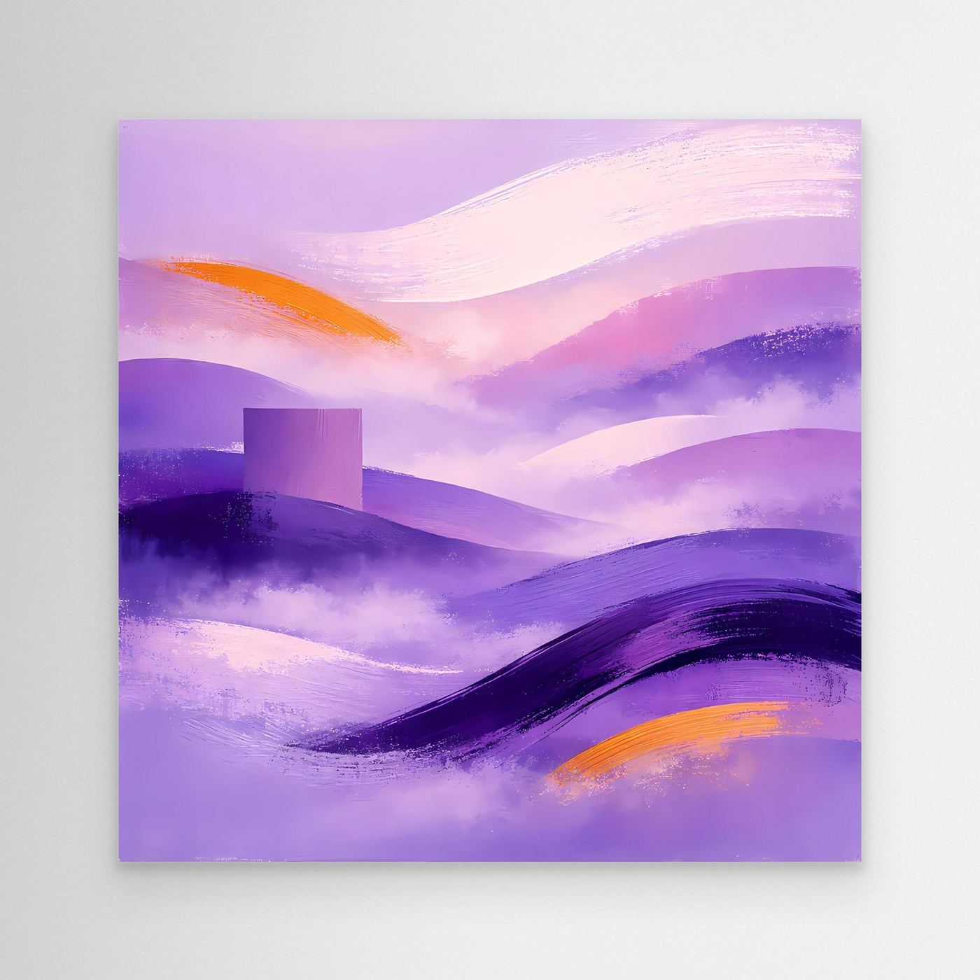 Abstraktes Leinwandbild mit Berglandschaft in Flieder/Violett, mit Orange-Akzenten