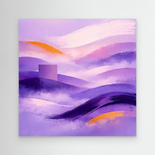 Abstraktes Leinwandbild mit Berglandschaft in Flieder/Violett, mit Orange-Akzenten
