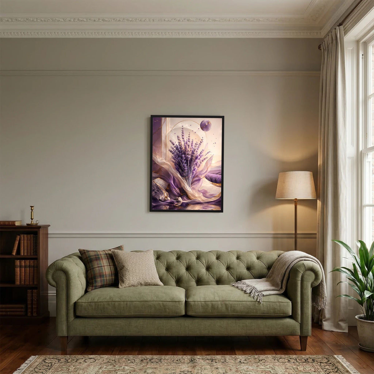 Lavendel-Poster im Hochformat: violette Blüten zwischen goldenen Stofffalten, im Rahmen