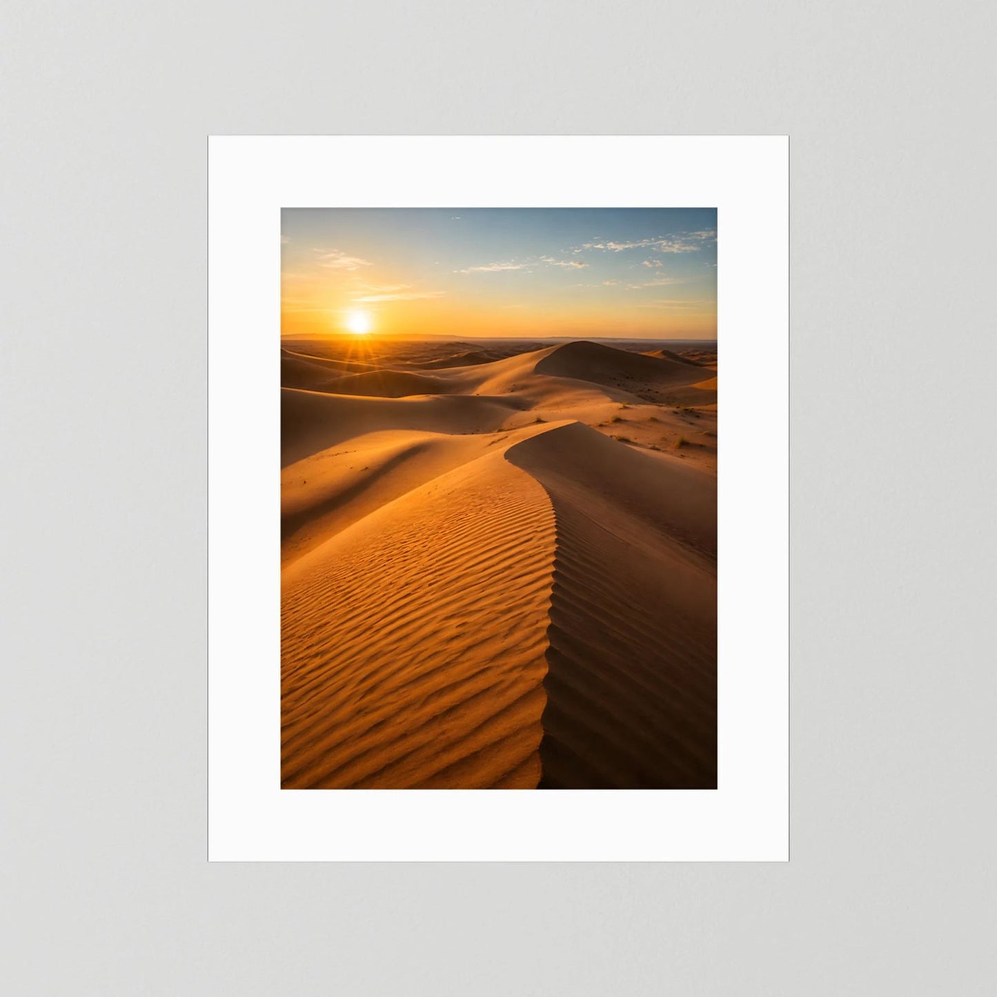 Landschaftsposter im Hochformat: goldene Sanddünen und Sonnenuntergang, ohne Rahmen