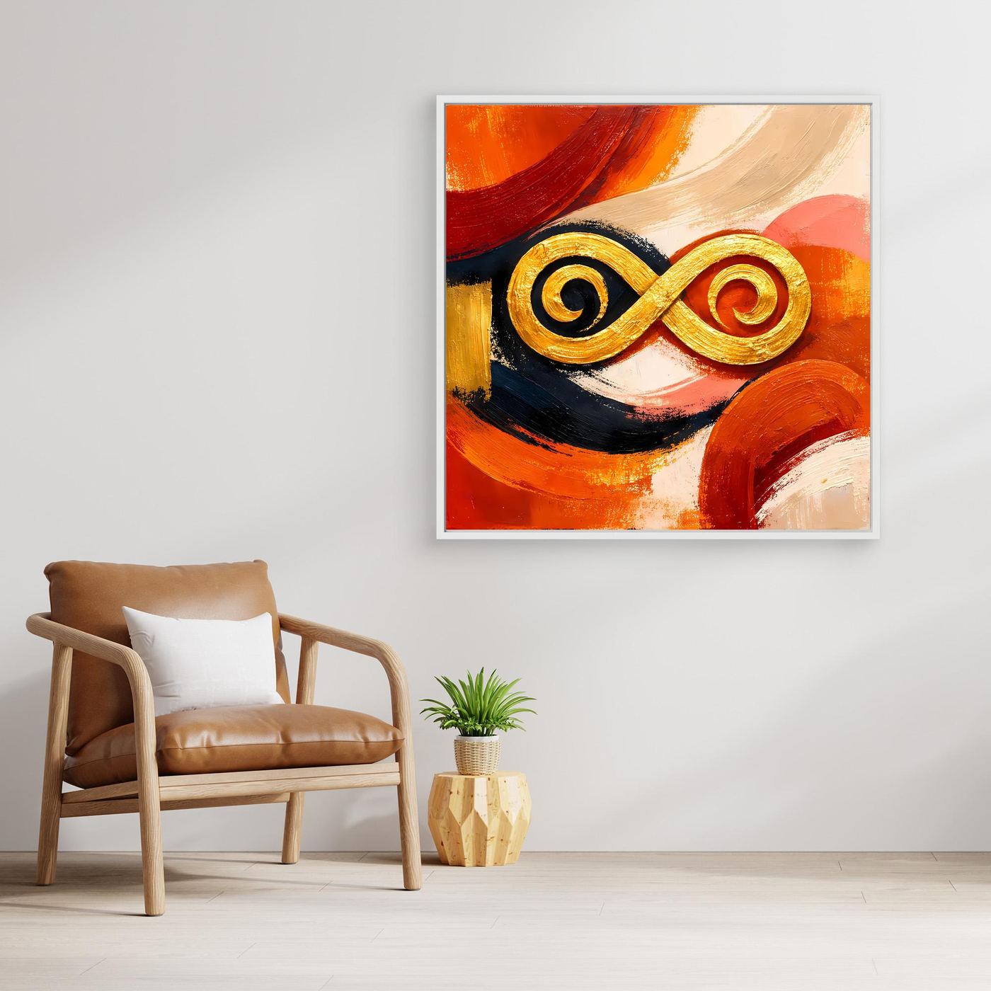 Abstraktes Leinwandbild mit goldener Unendlichkeit im weißen Rahmen, orange und rote Formen