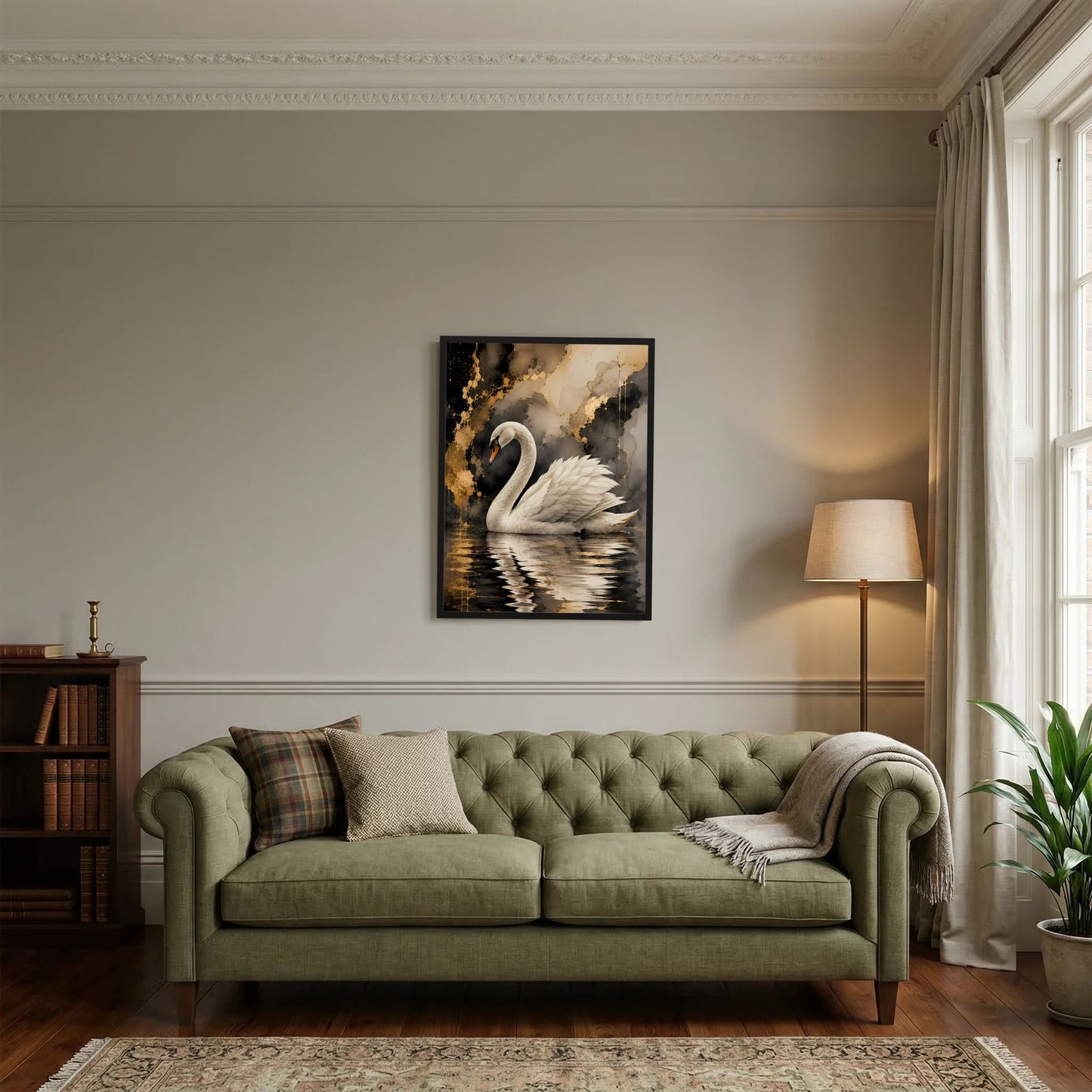 Wandposter mit weißem Schwan auf dunklem Wasser, gold-schwarze Farbexplosionen, schwarzer Rahmen