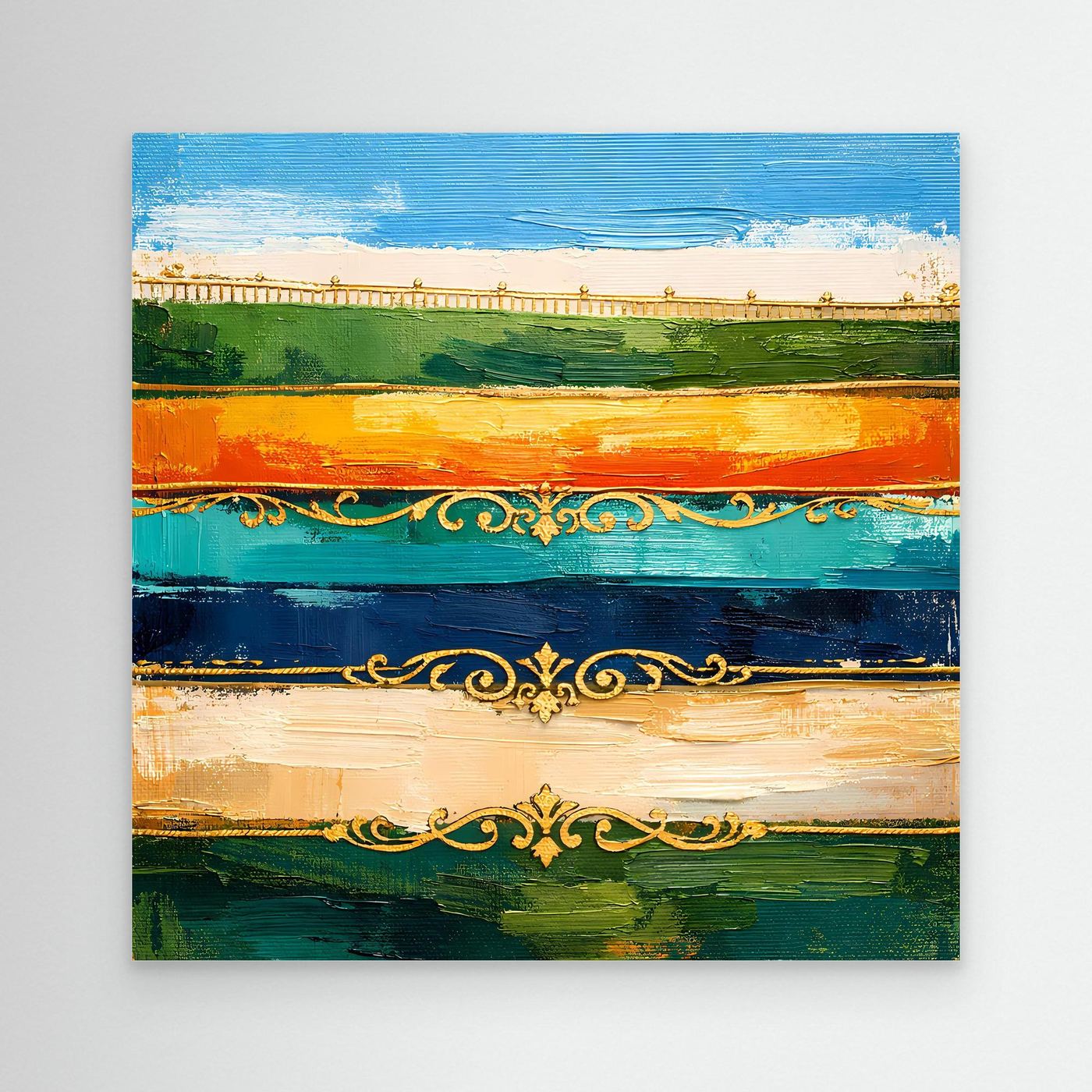 Leinwand Elegante Abstrakte Farbstreifen | Modernes Wandbild mit Goldornamenten