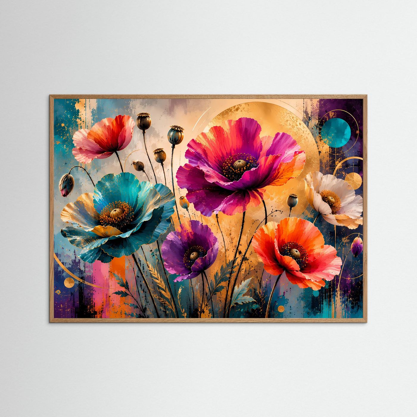 Gerahmtes Blumenbild im Querformat: pinke, blaue und orange Mohnblüten mit goldener Note