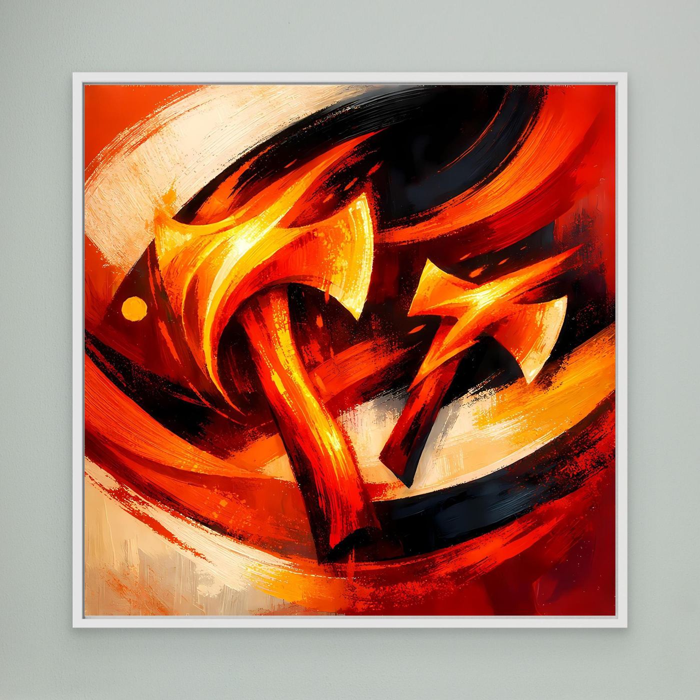 Abstraktes Leinwandbild mit Wikinger-Axt, gelb-orangene Flammen, weißer Rahmen.