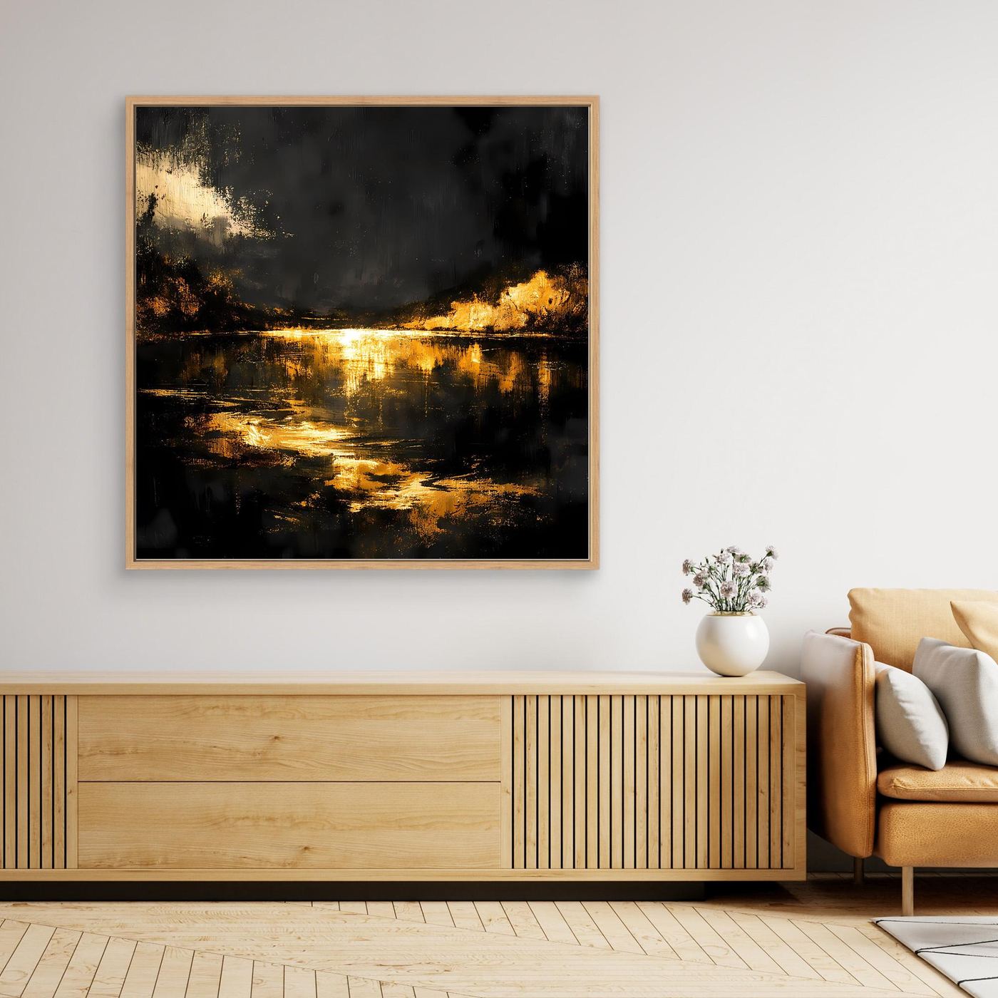 Leinwand Goldene Flusslandschaft bei Nacht | Abstraktes Natur Wandbild Moderne Kunst