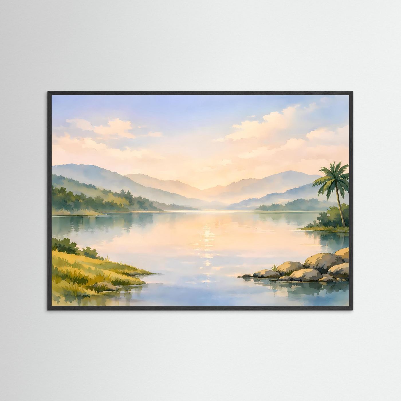 Natur-Poster mit schwarzem Rahmen, aquarellierte Tropenlandschaft am See mit Palmen