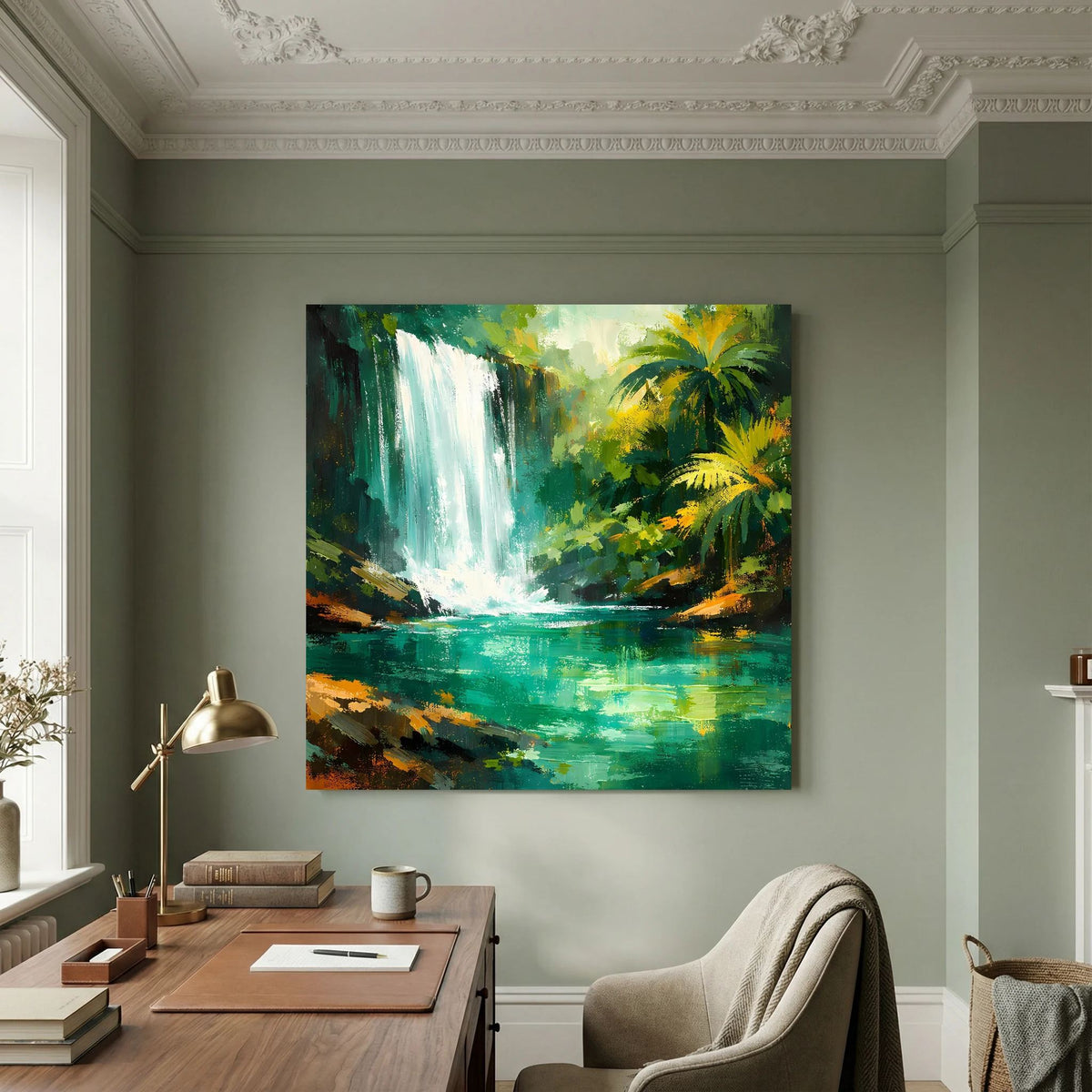 Leinwand-Wandbild mit Wasserfall im Dschungel, grünen Palmen und türkisfarbenem Fluss