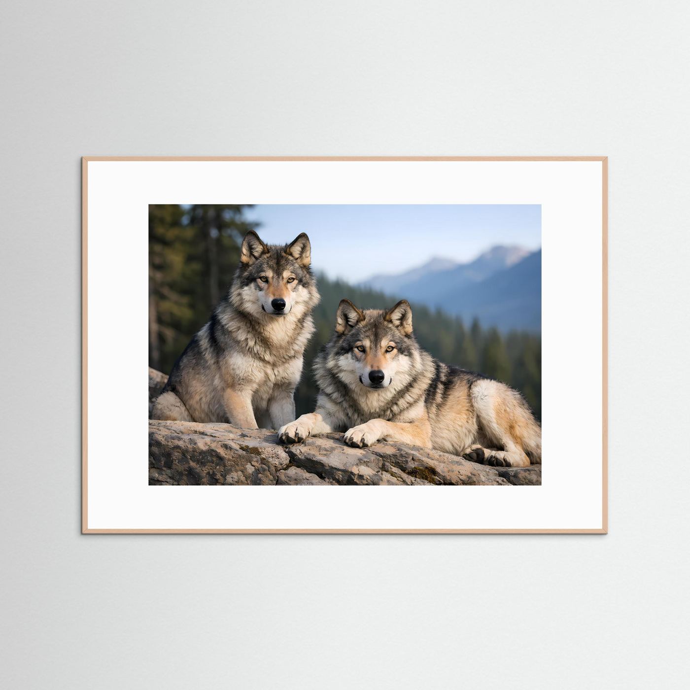 Poster mit Wolfspaar im Gebirge, querformatig, im hellen Holzrahmen.