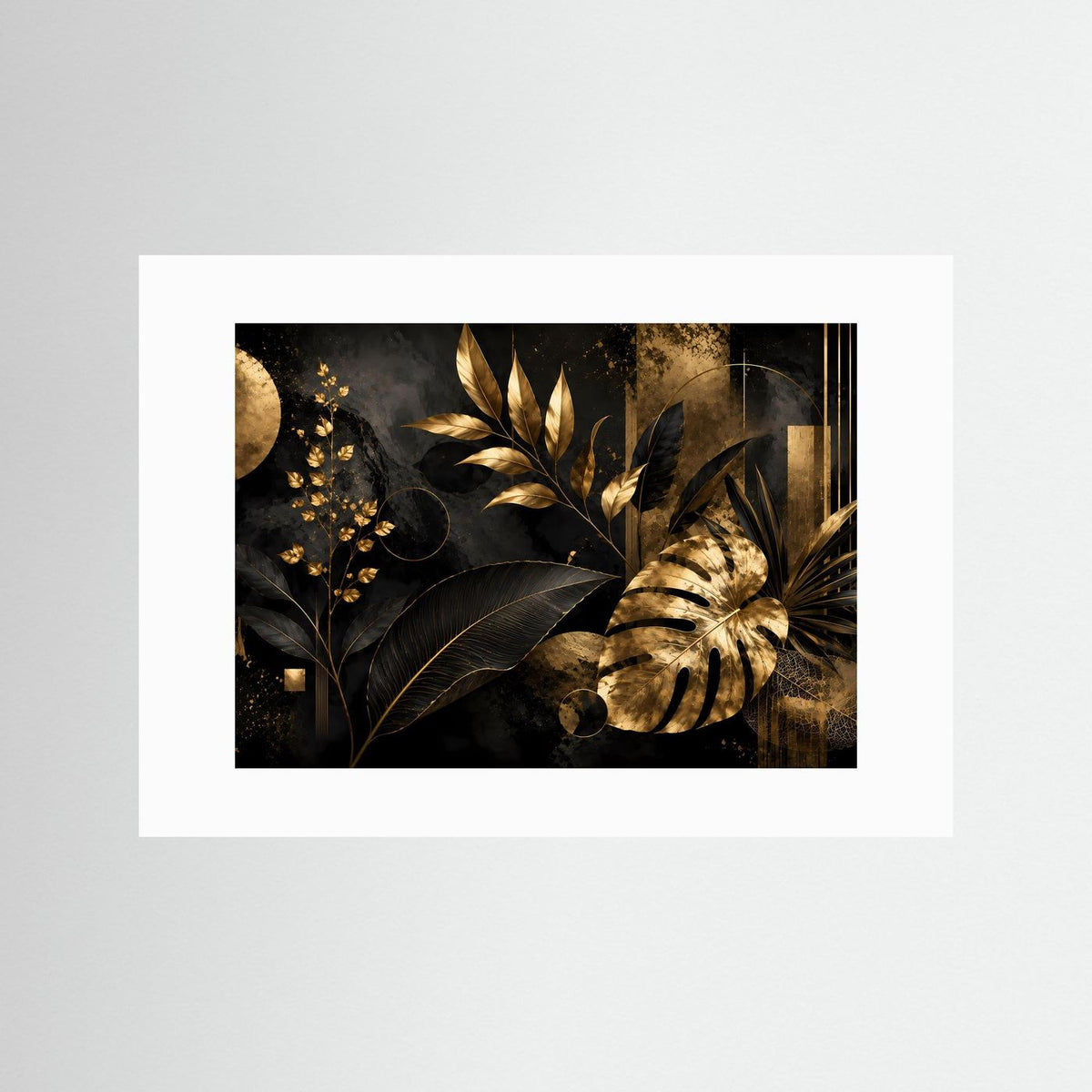 Monstera-Poster im Querformat mit weißem Passepartout, goldene Blätter auf dunklem Grund