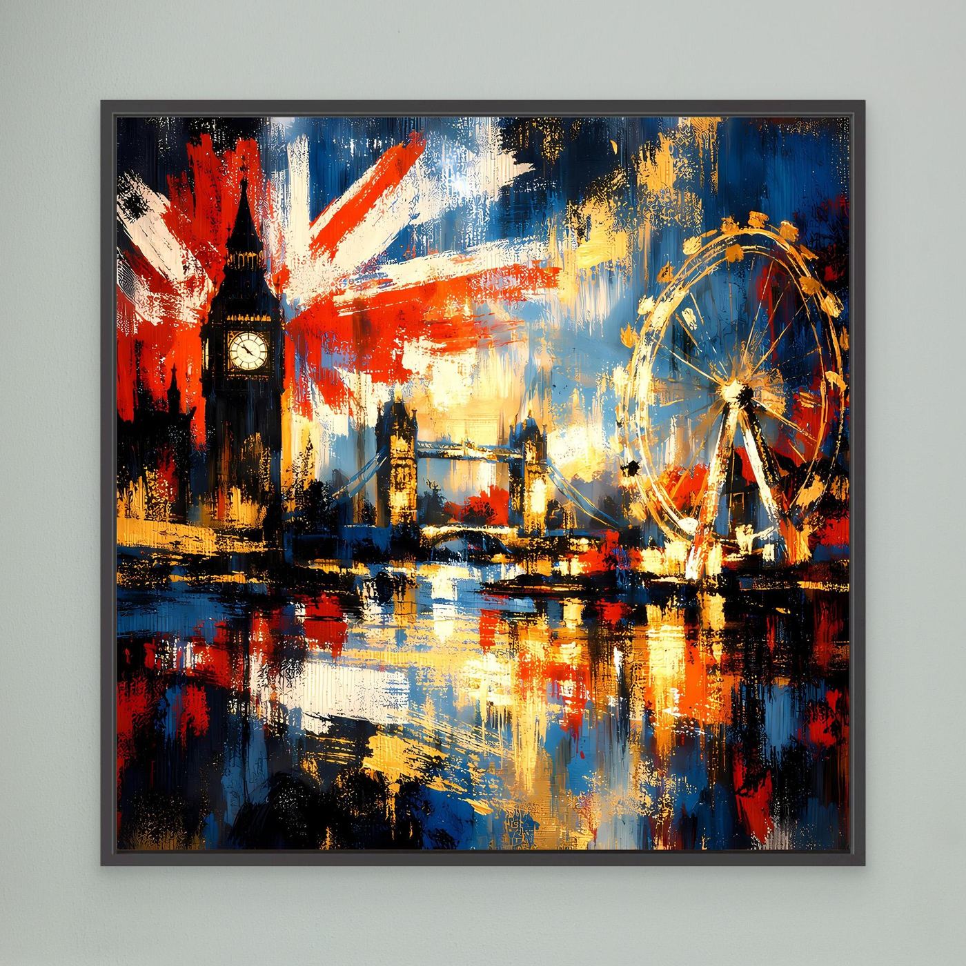 Abstraktes Leinwandbild mit Union-Jack-Farbakzenten, Skyline und Riesenrad im Querformat