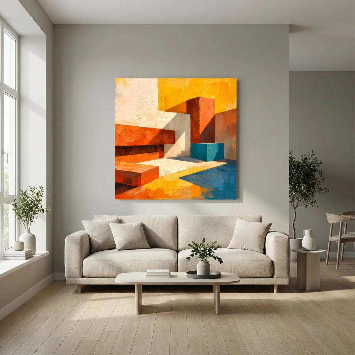 Abstraktes Leinwand-Wandbild mit geometrischen Blockformen in Orange, Weiß und Blau