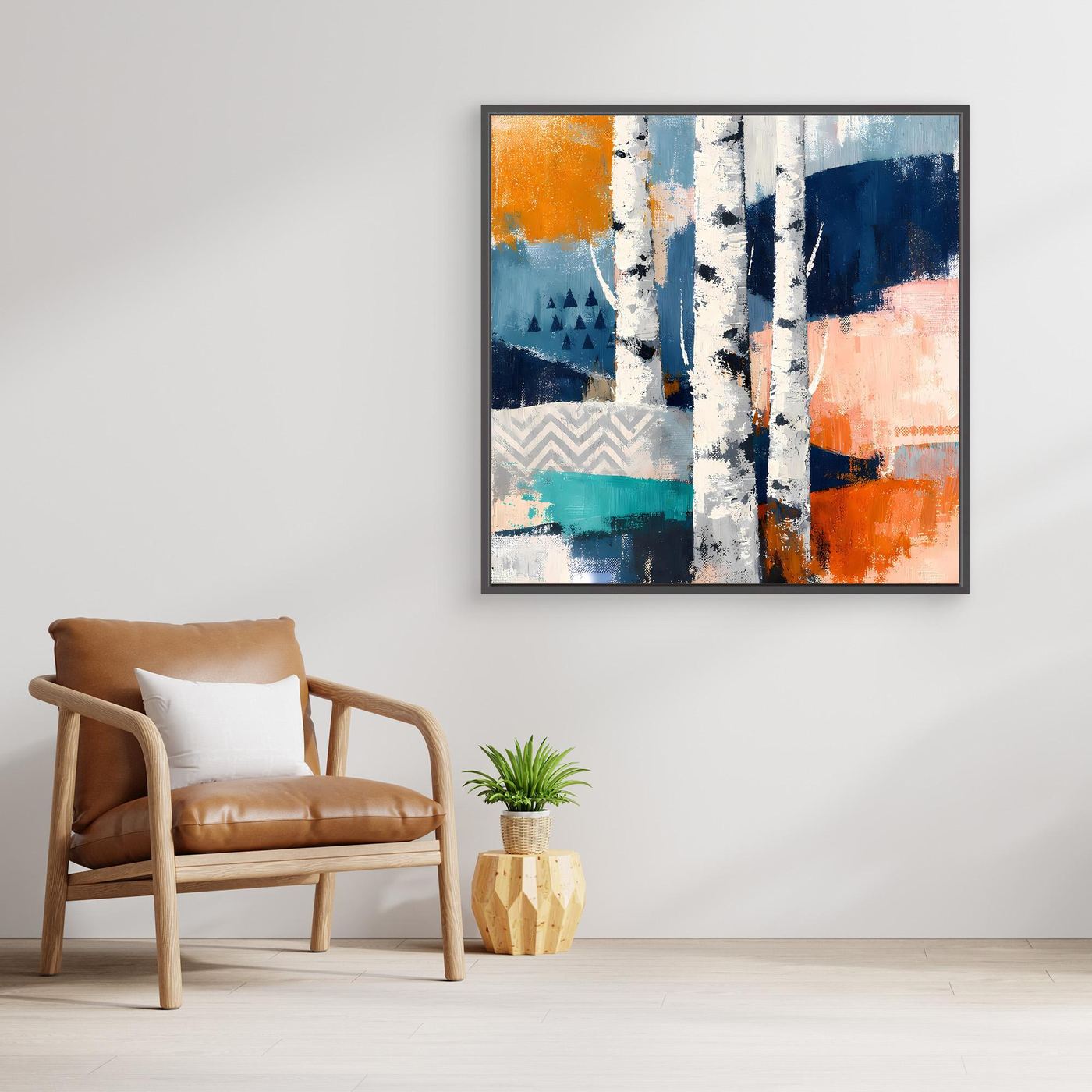 Gerahmtes Leinwand-Wandbild mit abstraktem Birkenwald, blau-orange Farbmischung und geometrischem Muster