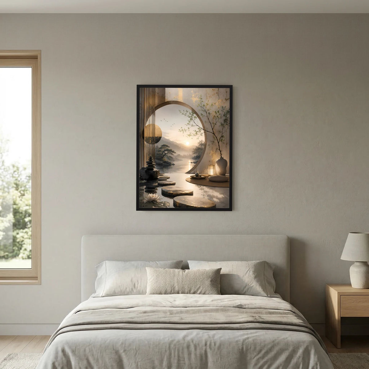 Wandposter im schwarzen Rahmen: ruhiger Teich mit reflektierendem Lichtbogen