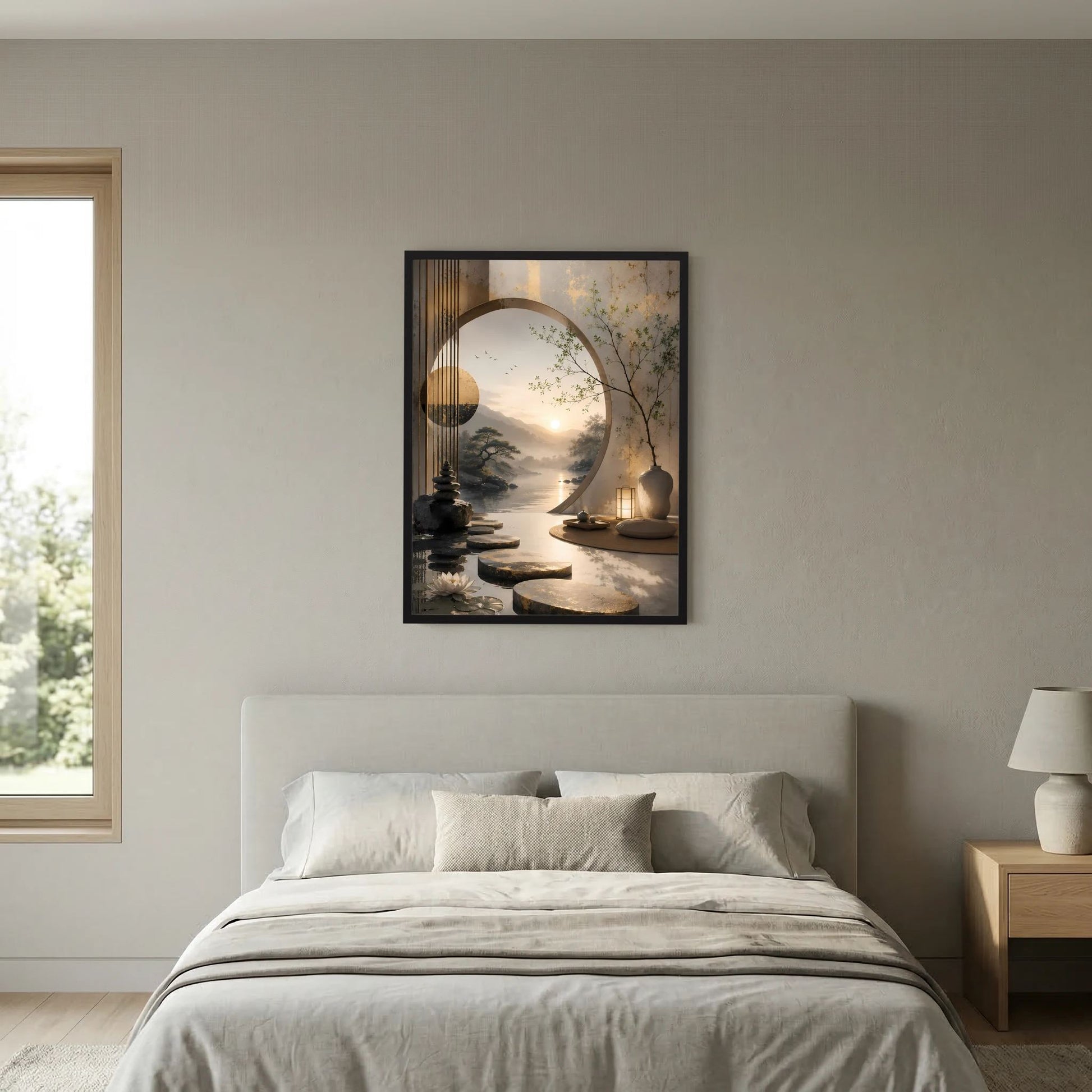 Wandposter im schwarzen Rahmen: ruhiger Teich mit reflektierendem Lichtbogen