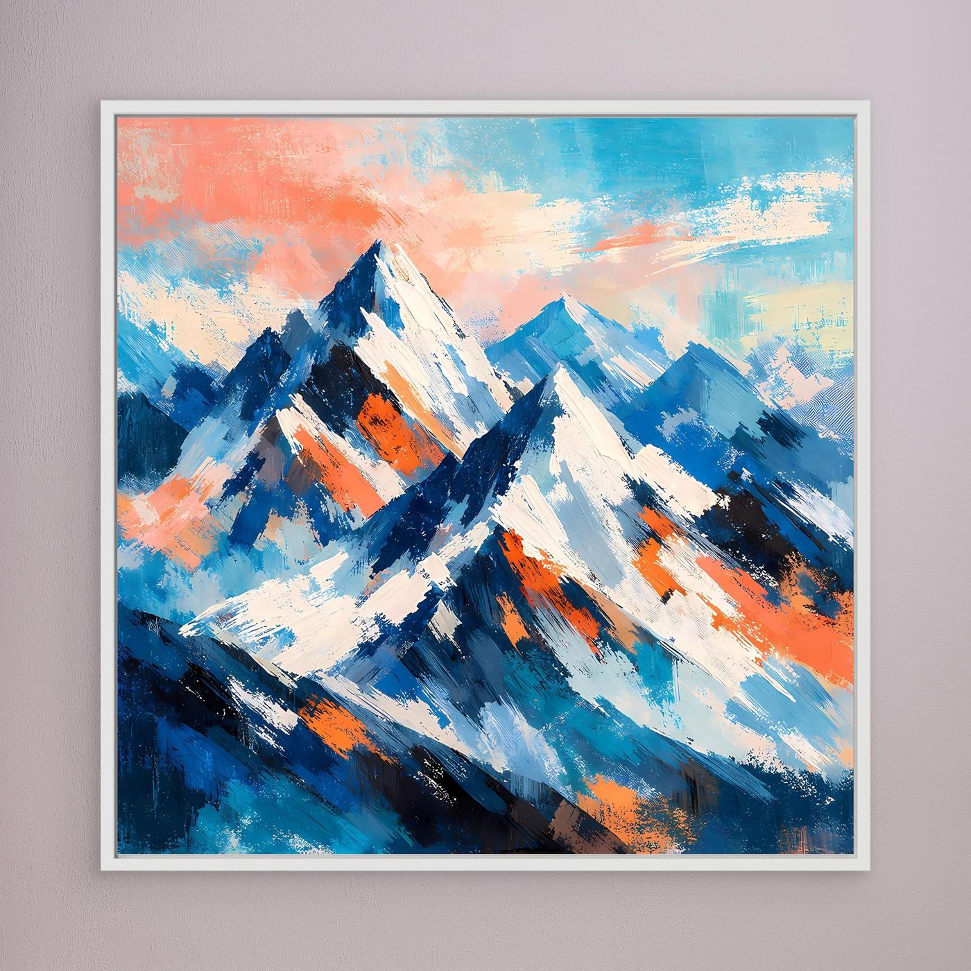 Gerahmtes Leinwand-Wandbild mit Schneeberg-Abstraktion in Blau, Weiß und Orange