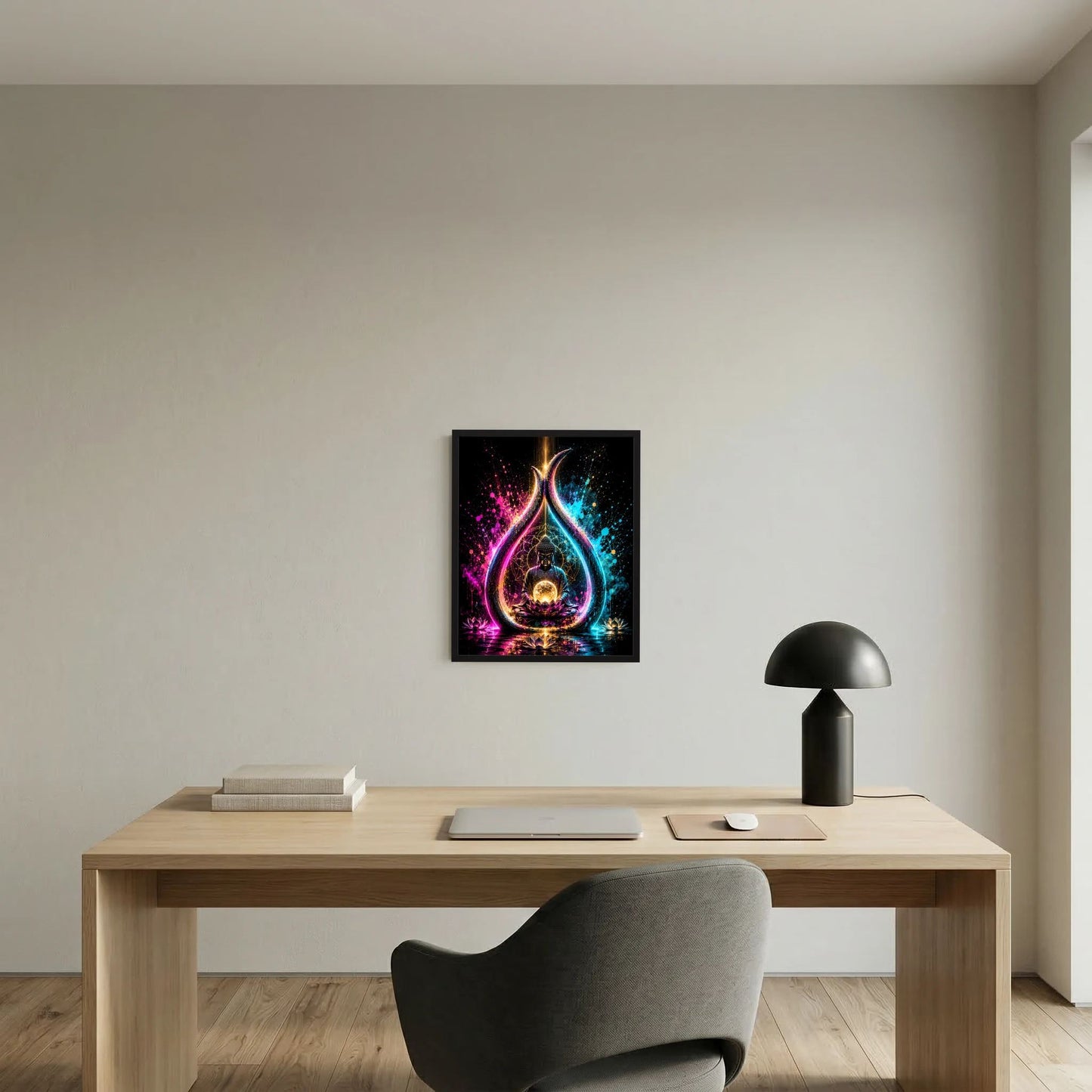 Meditierender Buddha auf Lotus: Neonlicht-Poster mit leuchtender Energiekugel, schwarz gerahmt.