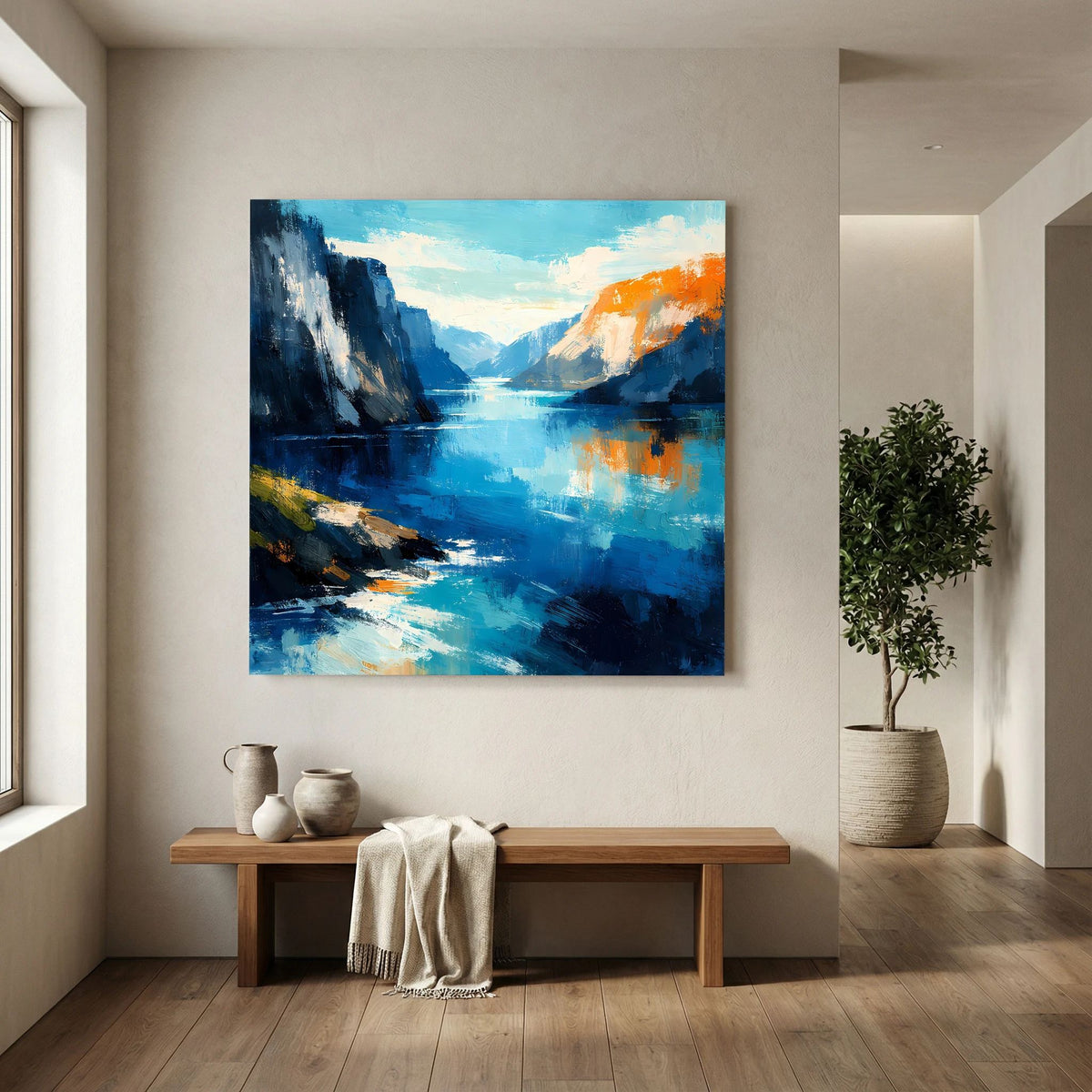 Leinwand Abstraktes Fjord Gemälde | Modernes Norwegisches Wandbild Blau Orange