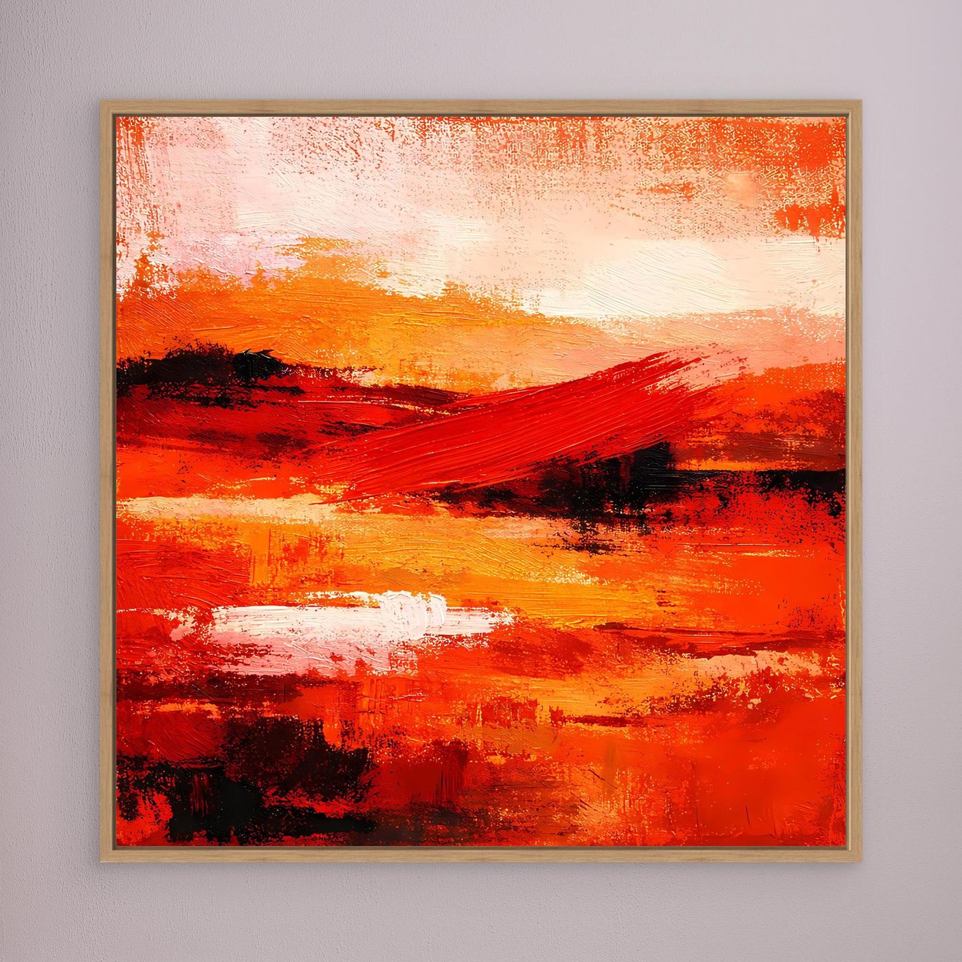 Wandbild aus Leinwand mit abstrakter Pinselstruktur in Rot, Orange und Gelb, mit braunem Rahmen