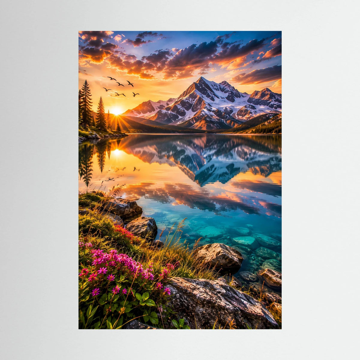 Poster im Hochformat: Alpenlandschaft am Abend mit Spiegelung und Wildblumen