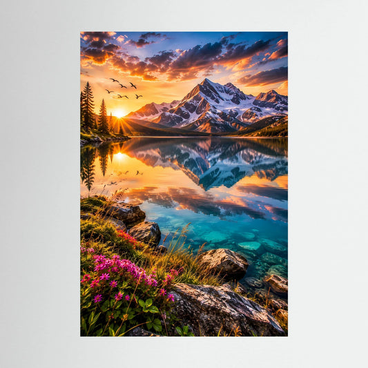 Poster im Hochformat: Alpenlandschaft am Abend mit Spiegelung und Wildblumen