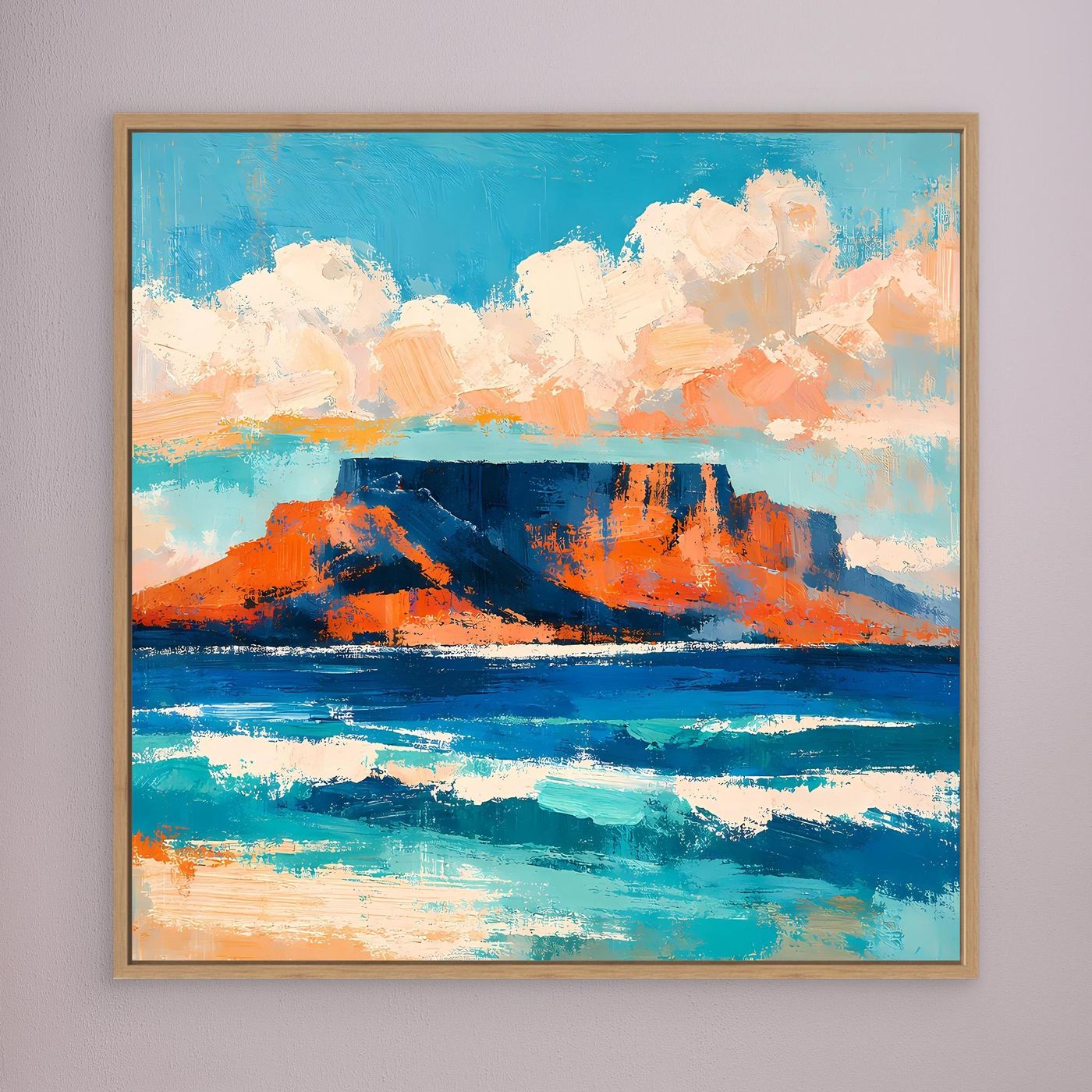 Abstraktes Leinwand-Wandbild mit Meer, Küste und Bergen, holzfarben gerahmt