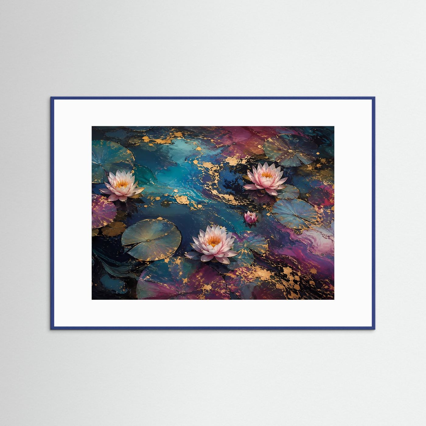 Lotusblüten auf Seerosenteich | Abstrakte Wasserkunst in Blau Gold | Elegantes Seerosen Wandbild | Luxuriöses Natur Poster | Premium Leinwand für Wohnzimmer