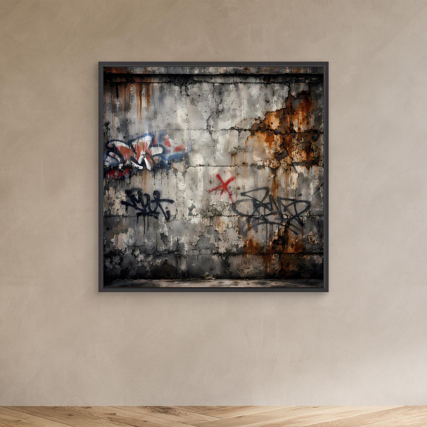 Leinwandbild mit Graffiti auf Betonwand im schwarzen Rahmen, grau mit rostbraunen Flecken
