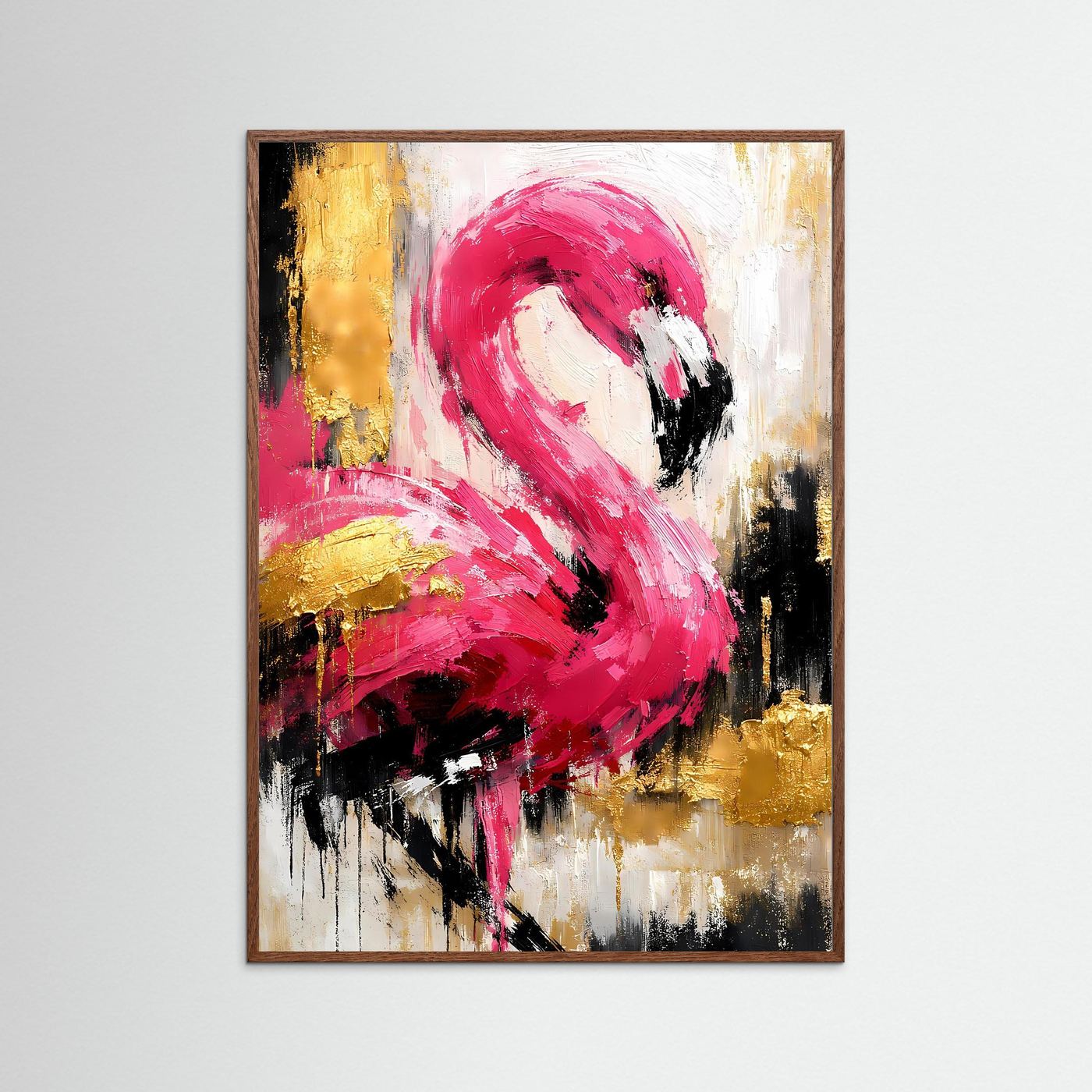 Abstraktes Flamingo-Poster im roséfarbenen Holzrahmen, magenta pink, creme und goldene Akzente.