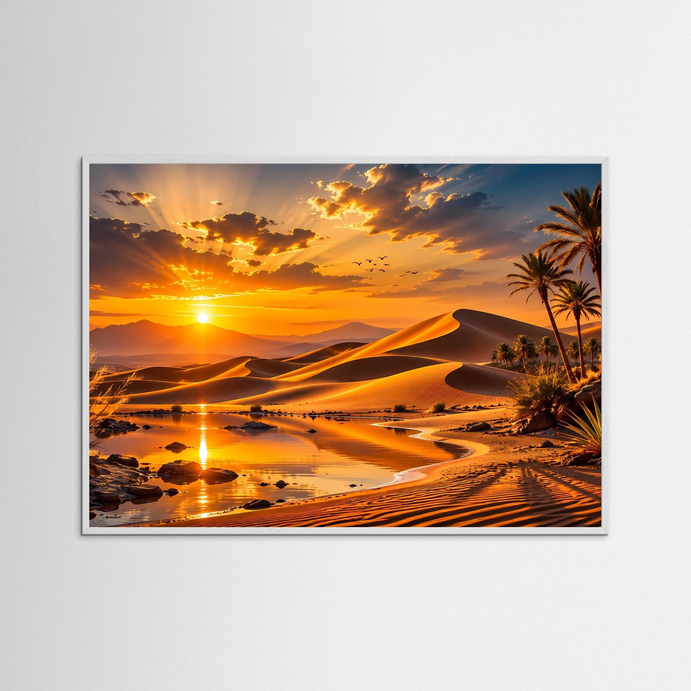 Wandbild mit hellem Holzrahmen: goldener Sonnenuntergang, Sanddünen und Palmen