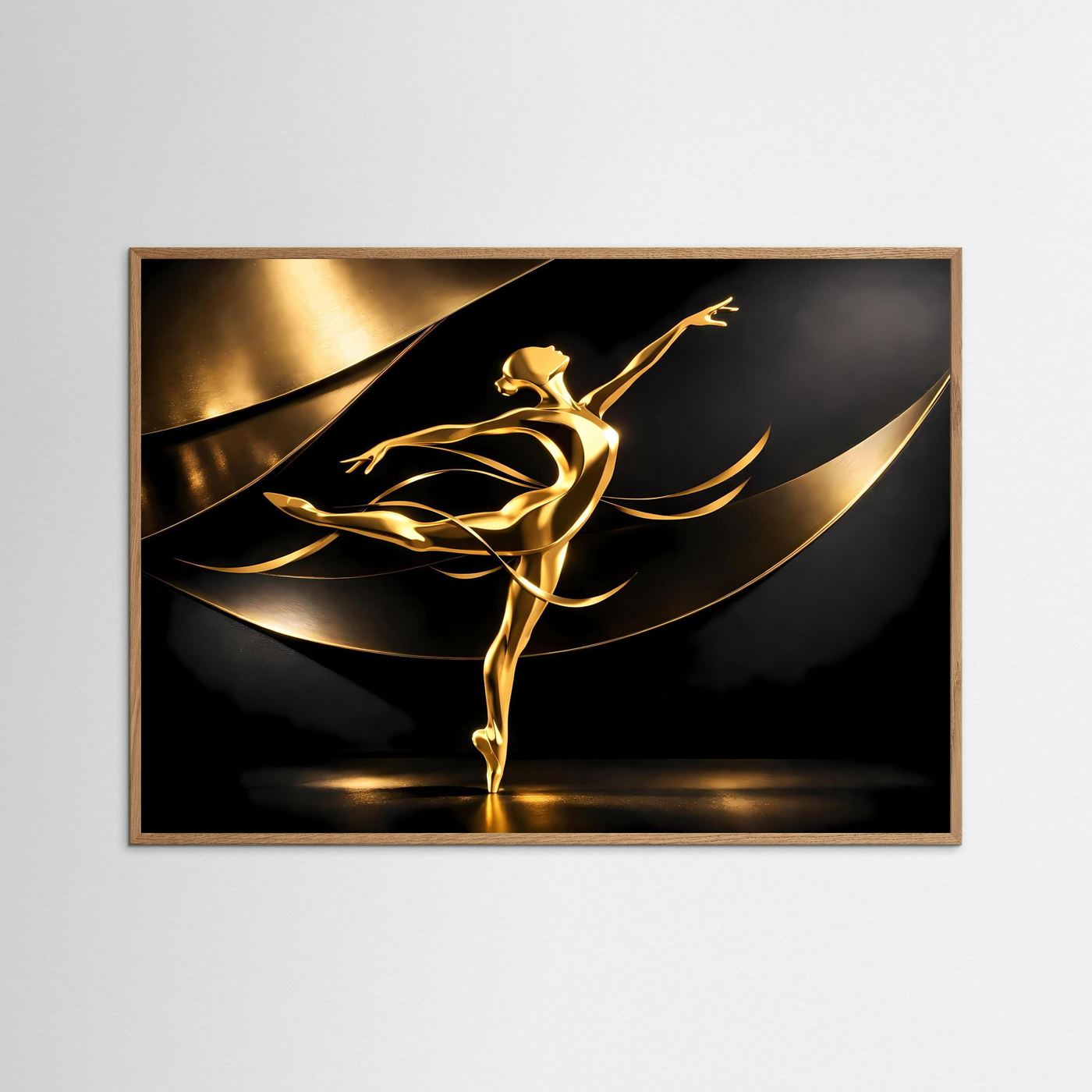 Goldenes Ballerina-Wandbild mit abstrakten Linien, im braunen Holzrahmen