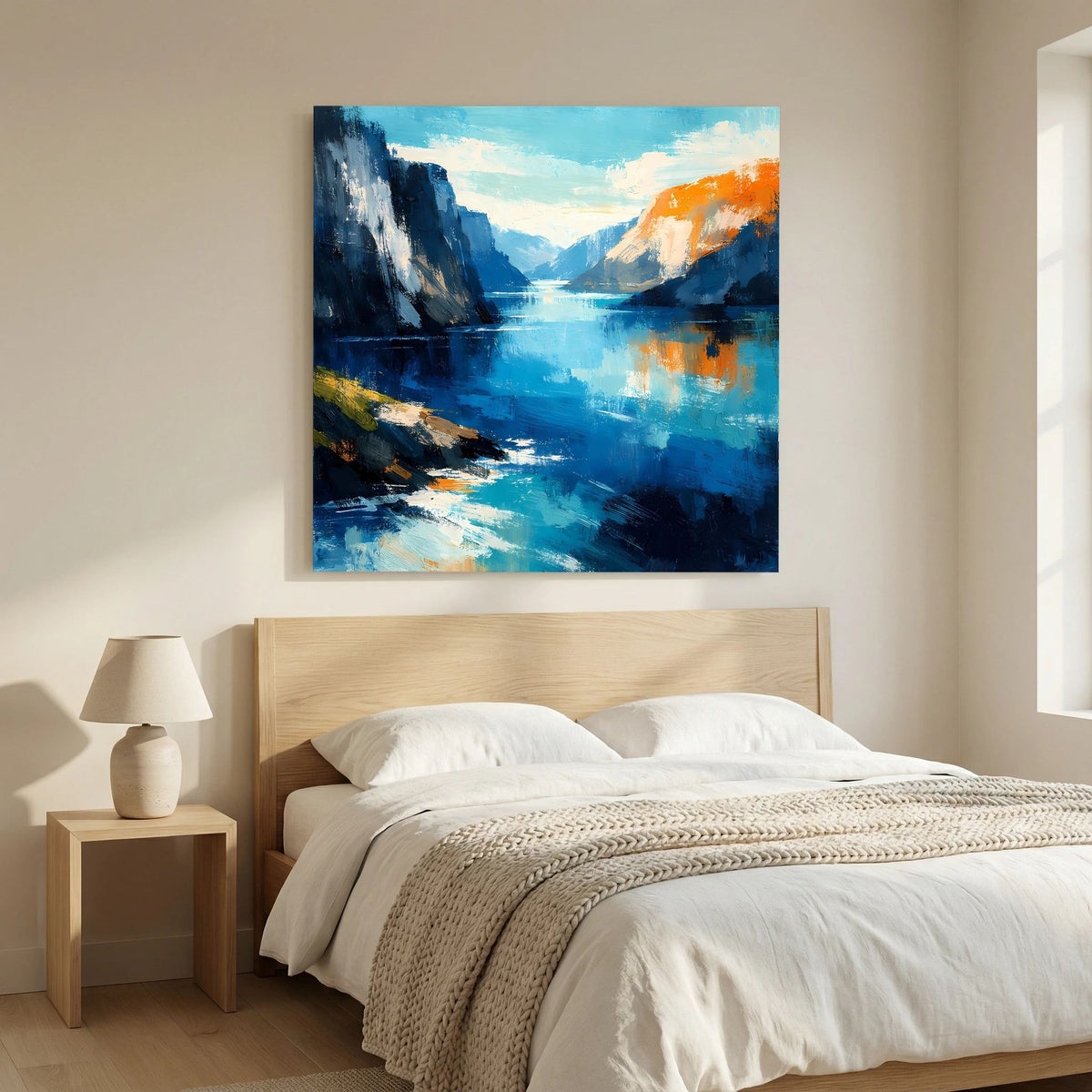Leinwand Abstraktes Fjord Gemälde | Modernes Norwegisches Wandbild Blau Orange