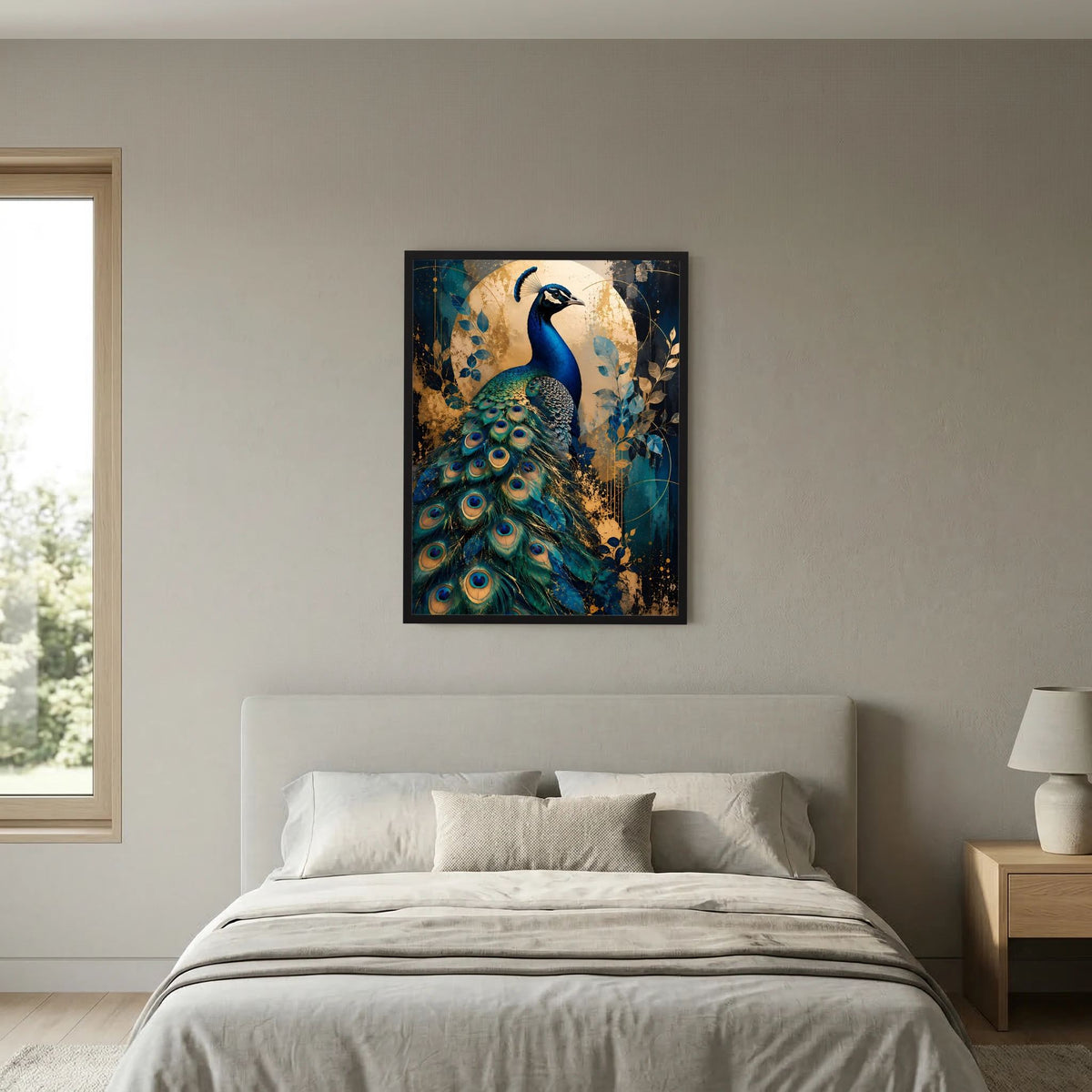 Gerahmtes Hochformat-Poster mit blauem Pfau auf goldenem Muster, abstraktes Tiermotiv.