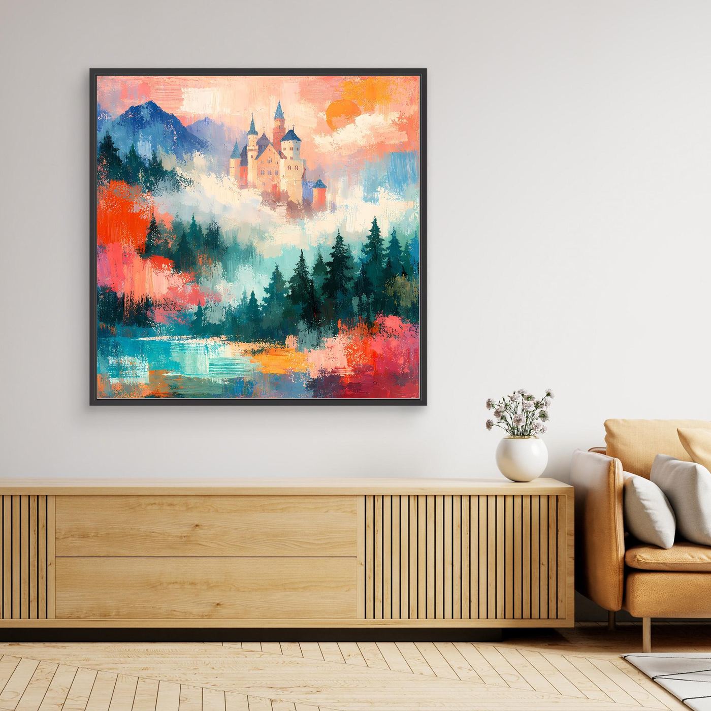 Wandbild auf Leinwand mit abstraktem Schloss in den Bergen, schwarz gerahmt
