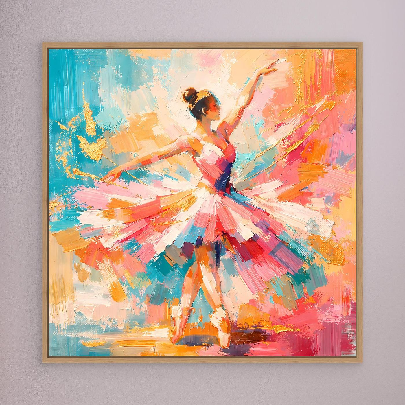 Abstraktes Leinwandbild mit Ballerina, buntes Kleid, brauner Holzrahmen
