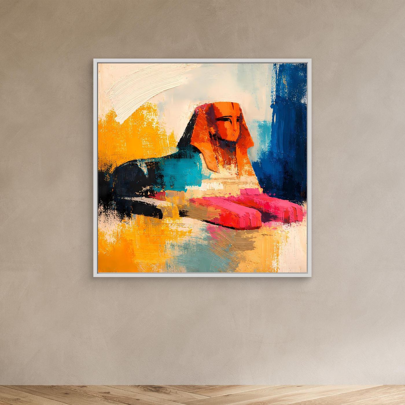 Abstract sphinx canvas wall art with orange and blue paint strokes; white frame