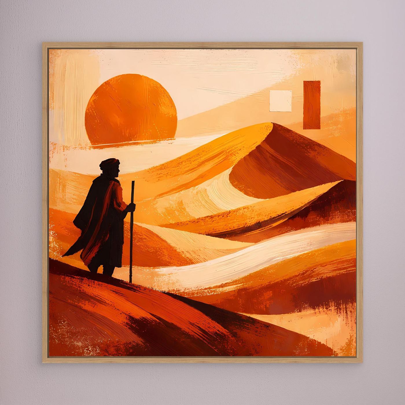 Leinwandbild: orange Wüstenlandschaft mit Sonne und Wanderfigur, goldfarben gerahmt