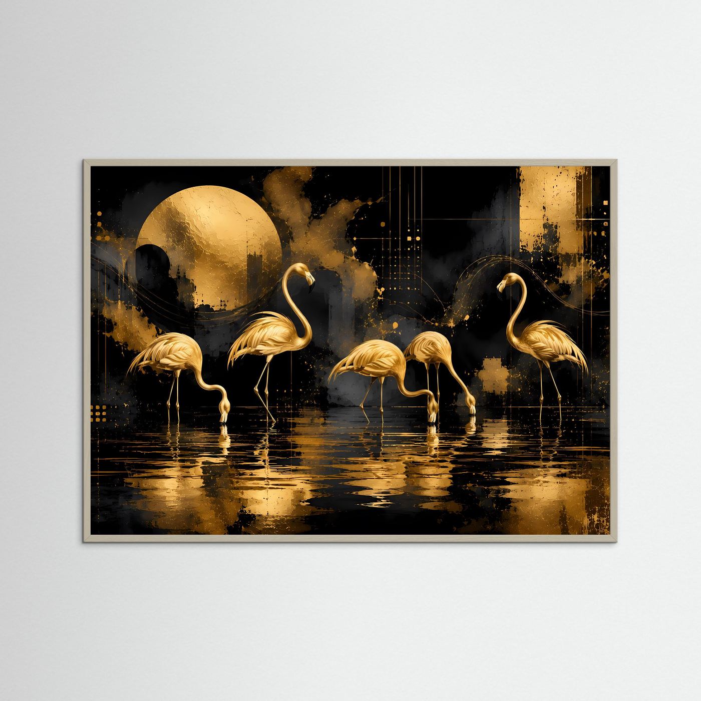 Wandbild mit goldenen Flamingos und Spiegelung im Wasser, rechteckig, grauer Rahmen