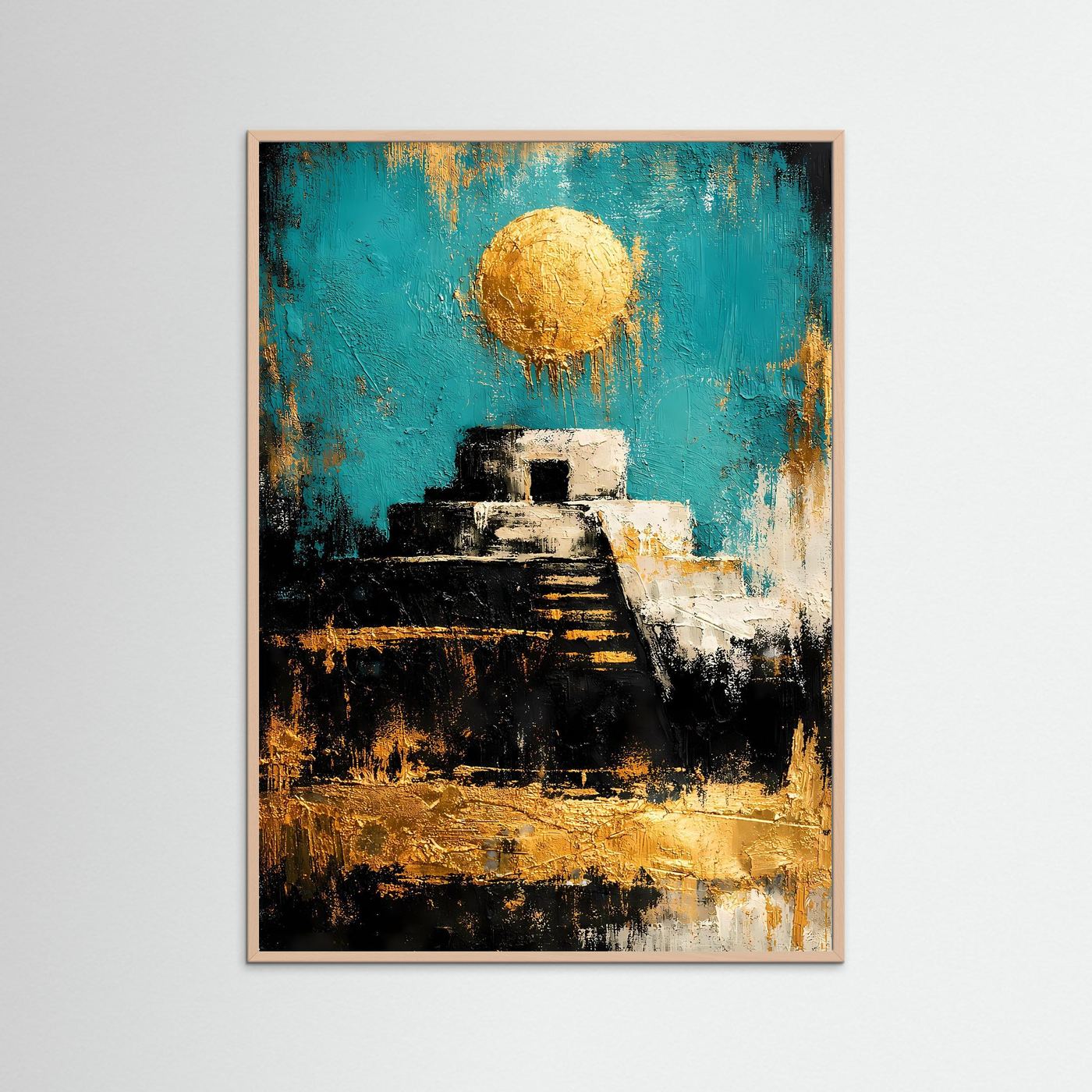 Abstraktes Kunstposter mit türkisfarbener Pyramide und goldenem Sonnenball, roséfarbener Rahmen
