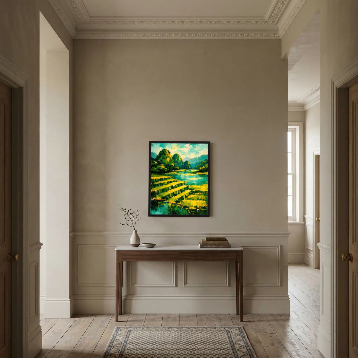 Hochformat-Poster im Rahmen: abstrakte Landschaft mit grünen Terrassen und blauem Wasser