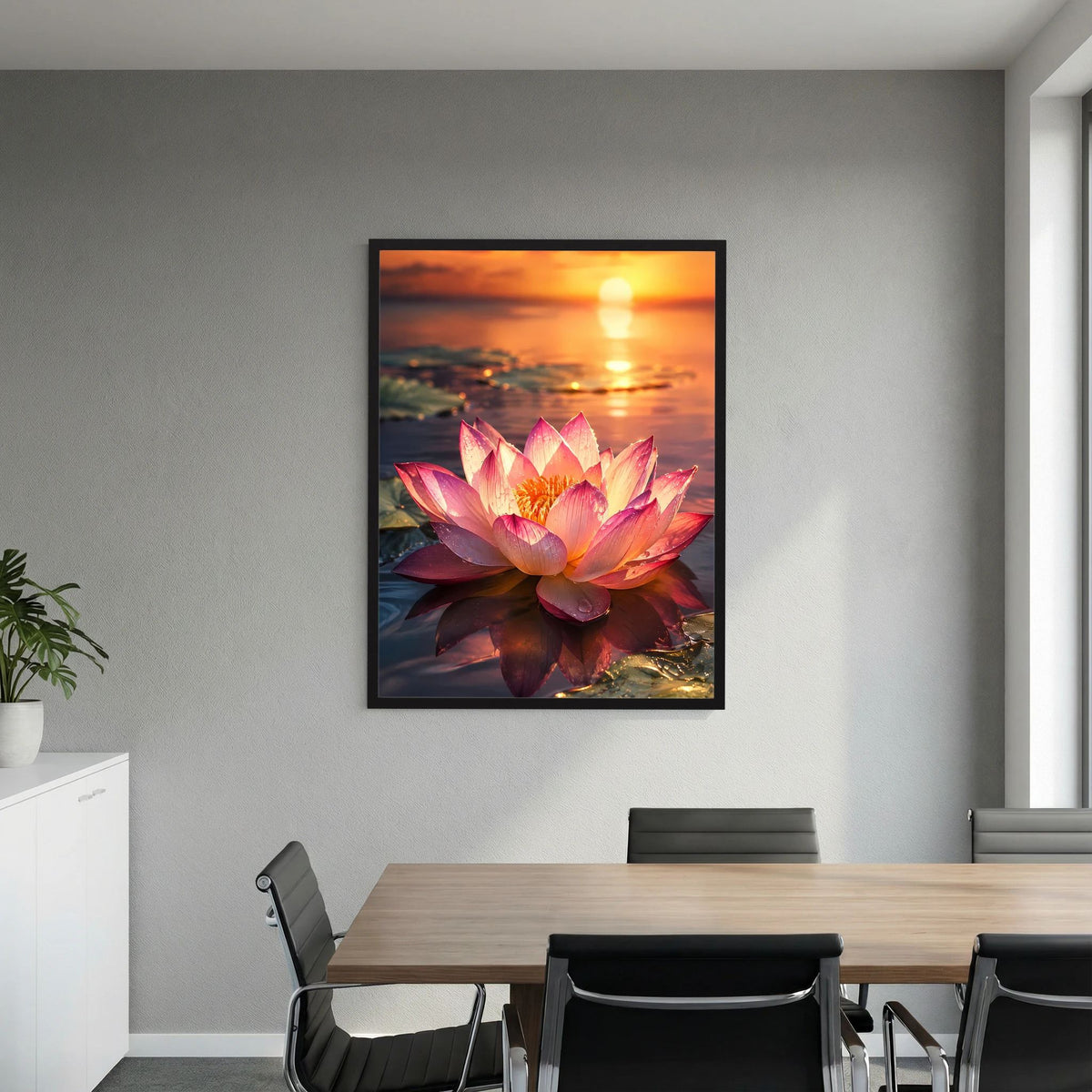 Gerahmtes Hochformat-Poster mit rosa Lotusblüte, warmem Sonnenuntergang und Wasserspiegel