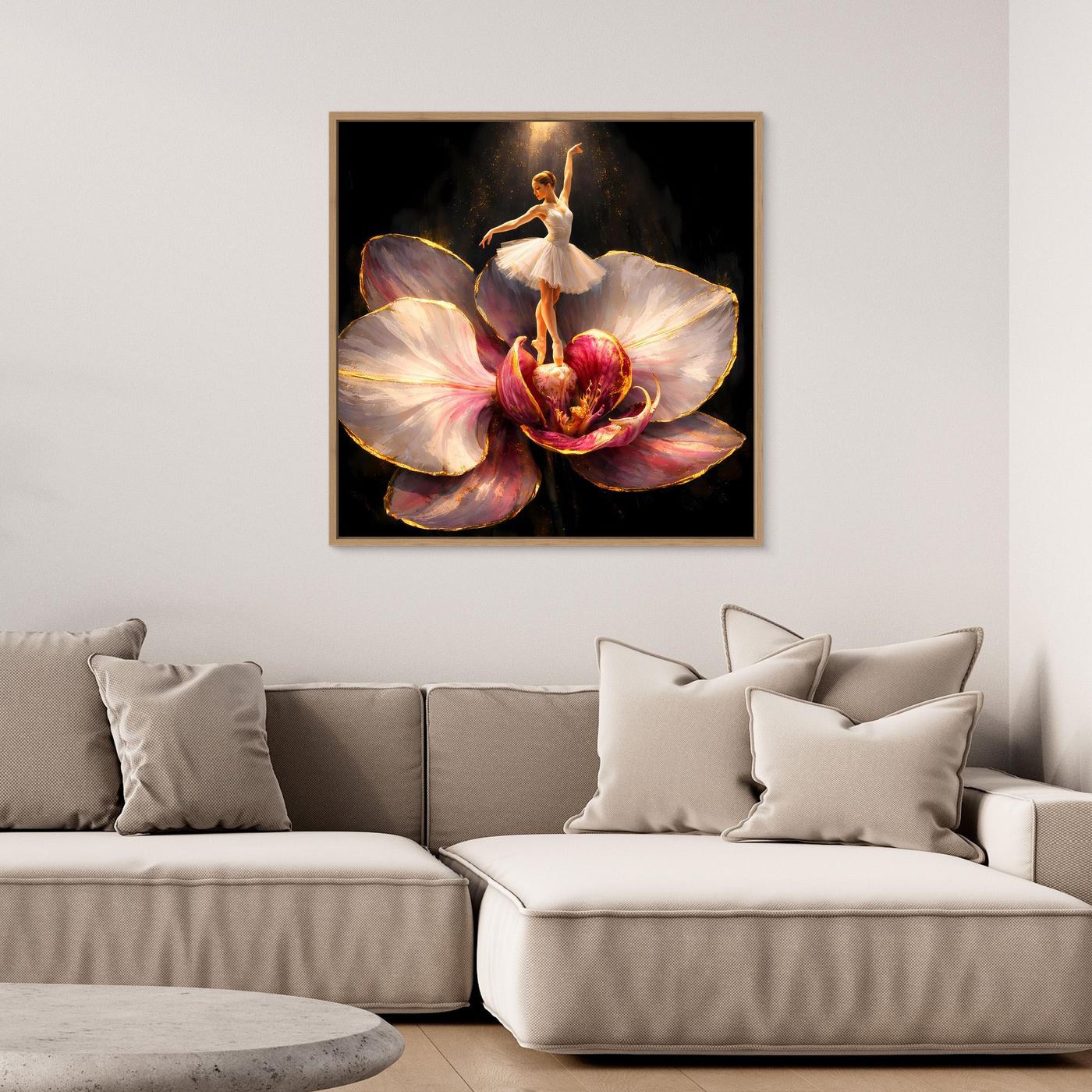 Premium Leinwand Elegante Ballerina auf Orchidee | Abstraktes Ballett Wandbild mit Goldakzenten