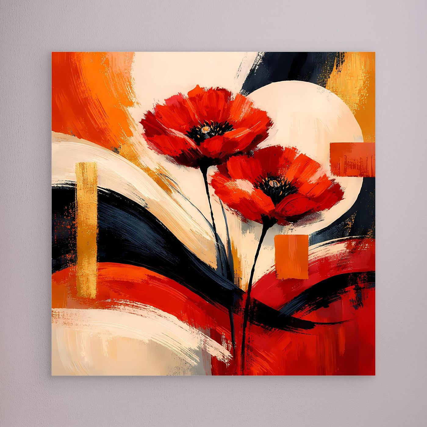 Leinwandbild mit roten Mohnblüten im abstrakten Rot, ohne sichtbaren Rahmen