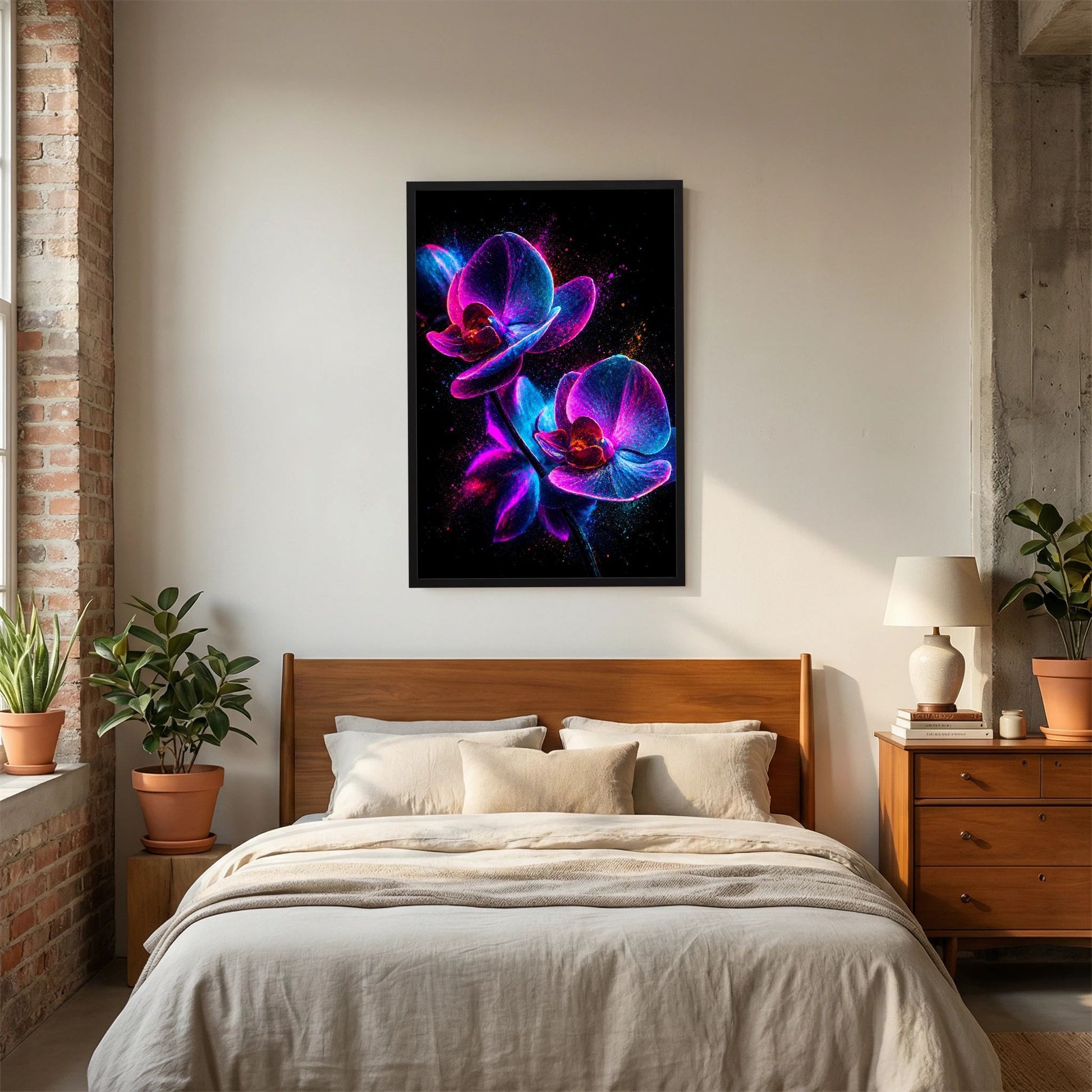 Leuchtendes Orchideenposter mit schwarzem Hintergrund, pink-blauem Lichtmotiv, im schwarzen Rahmen