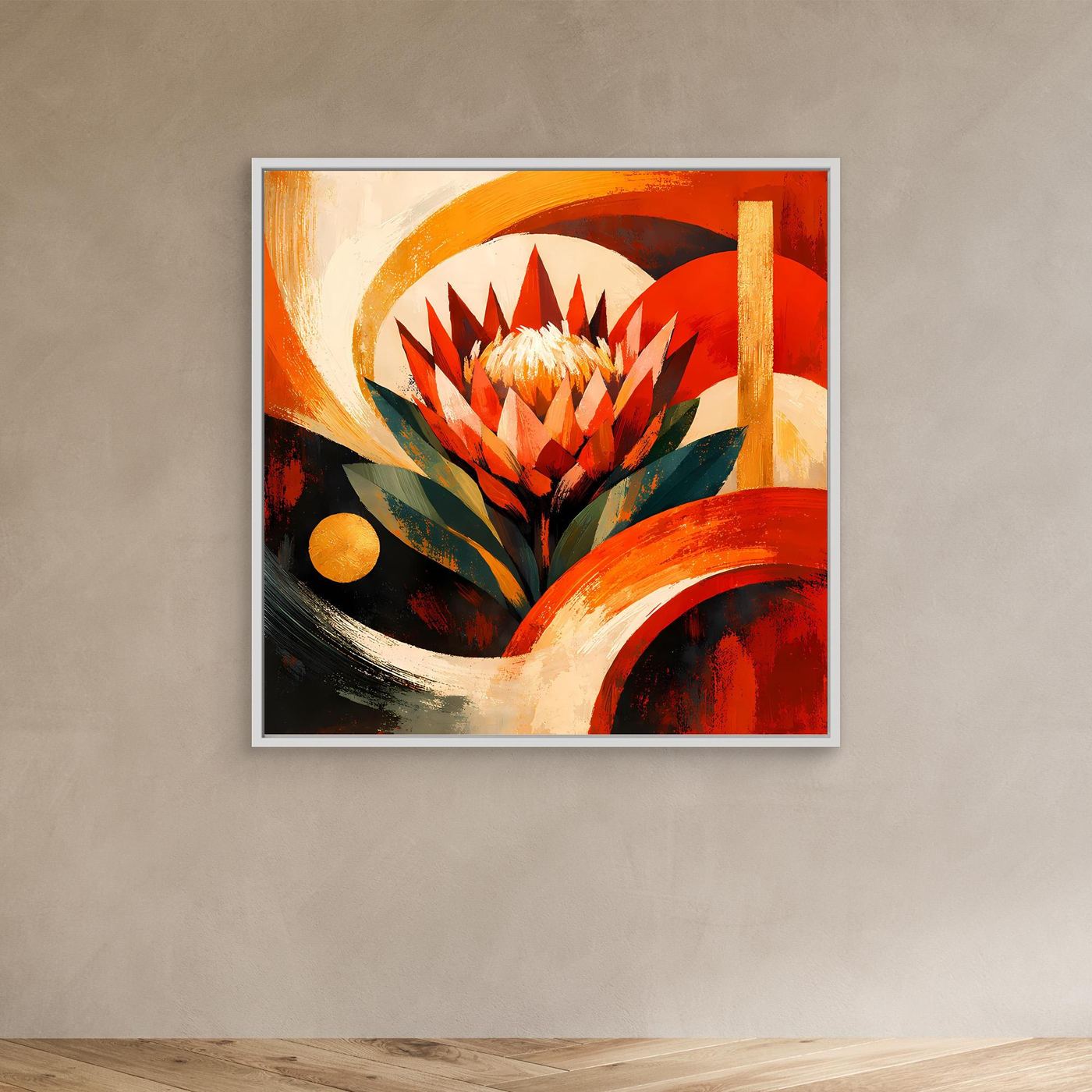 Leinwandbild mit abstrakter Protea im hellen Rahmen, Rot, Orange, Gold