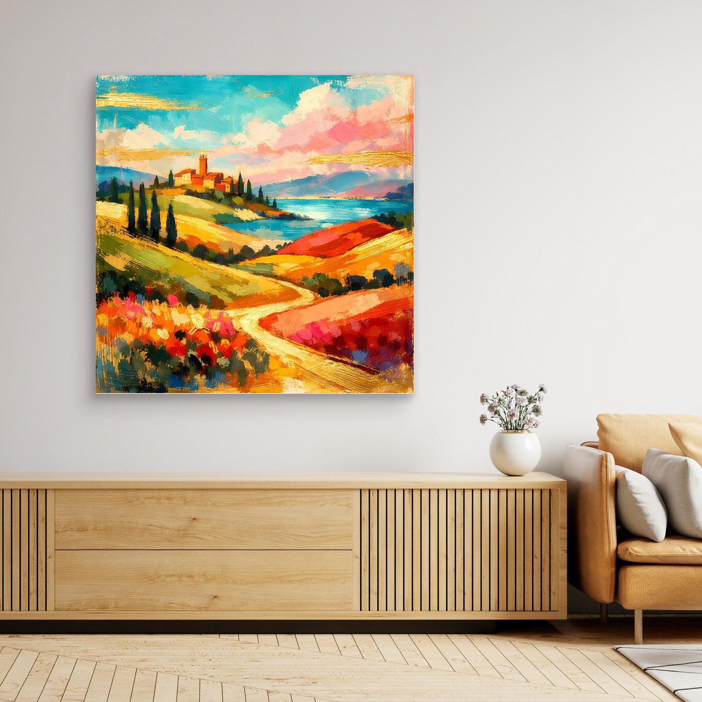 Gerahmtes Leinwandbild Toskana-Landschaft mit Hügelweg, Zypressen und bunten Farben