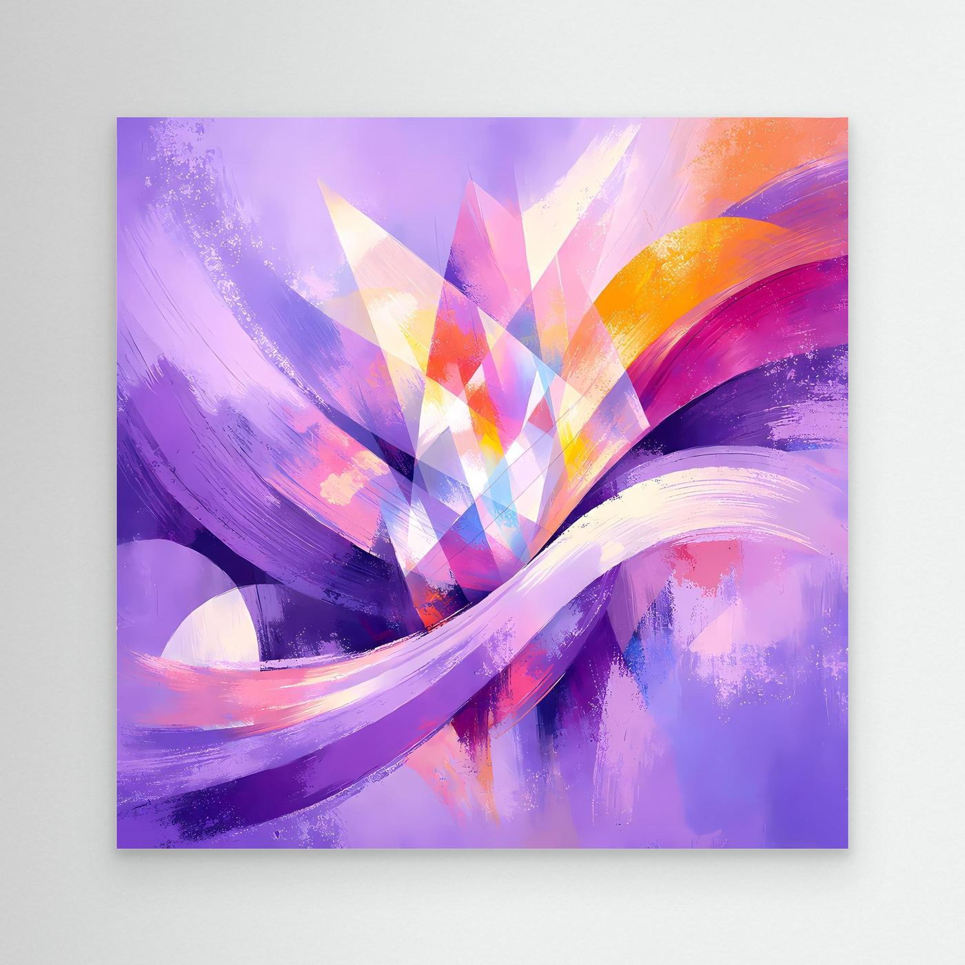 Leinwandbild mit abstraktem Blumenmotiv in Lila, Rosa und Orange, ohne Rahmen