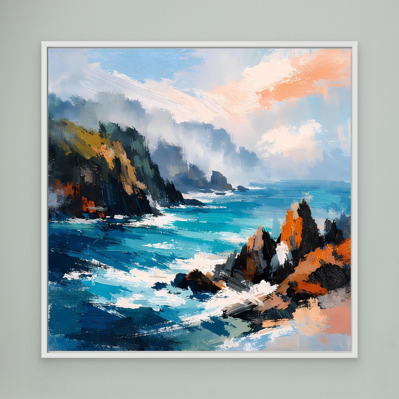 Leinwand-Wandbild: abstrakte Küstenfelsen am Meer, Blau/Türkis/Orange, weiß gerahmt