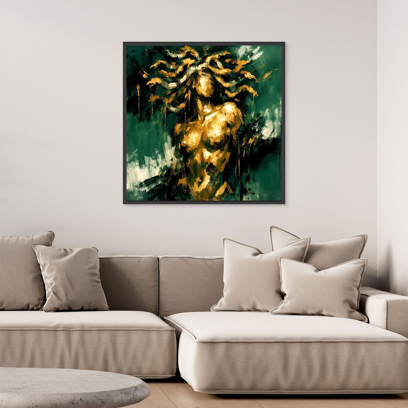 Leinwand Mystische Medusa in Smaragdgrün | Abstraktes Mythologie Wandbild Gold