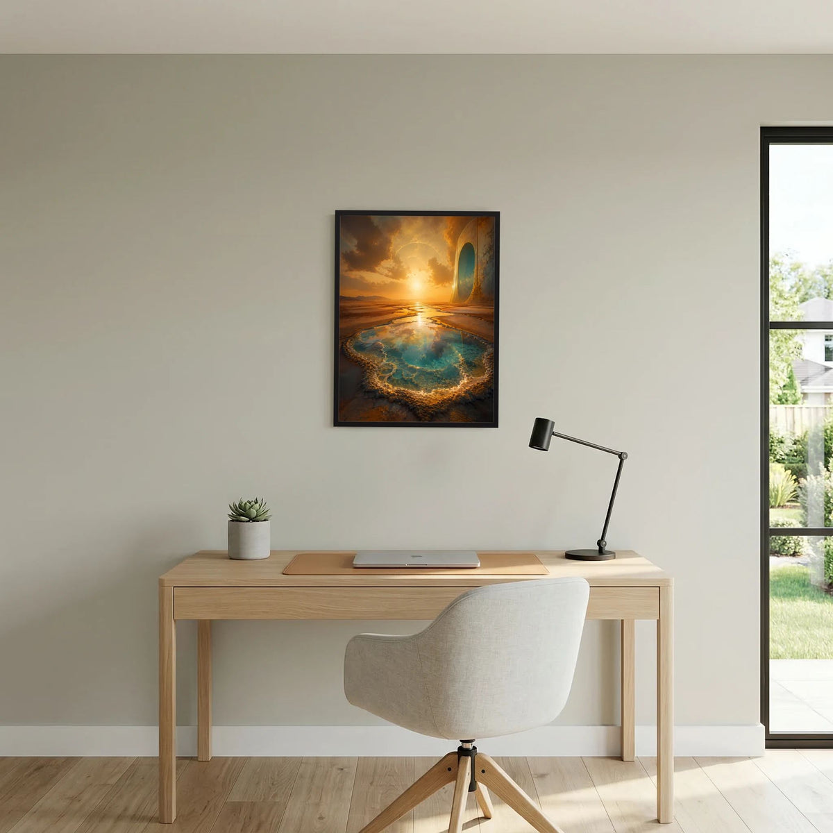 Gerahmtes Poster im Hochformat: goldenes Portal über türkisfarbener Quelle, warmes Sonnenlicht